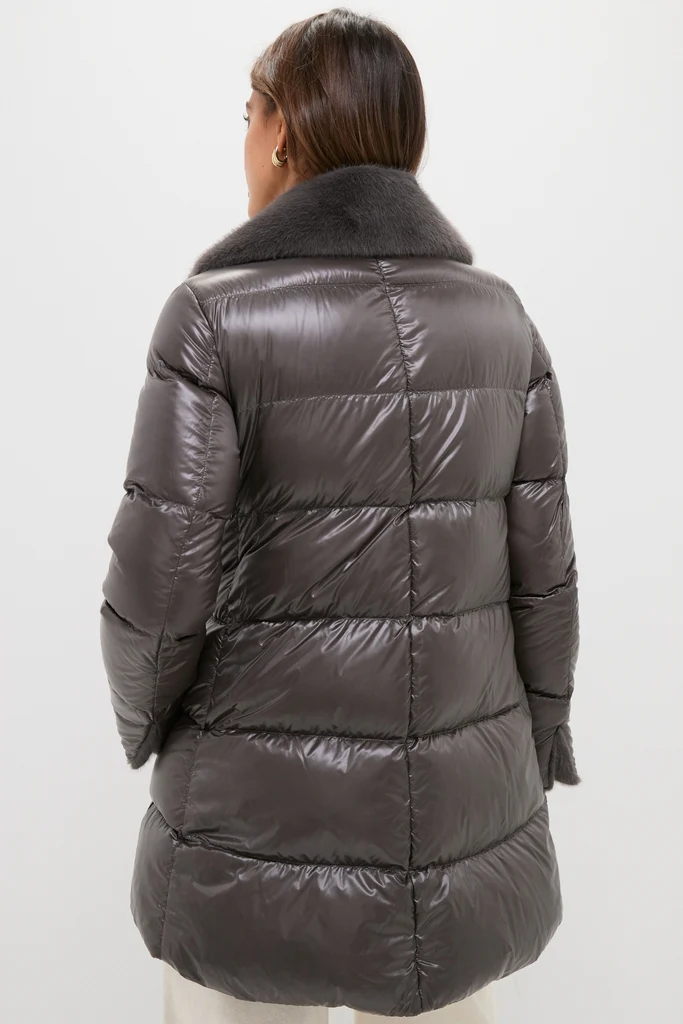 Anthracite Nylon Ultralight Mid-Thigh Jacket with Faux Fur Collar - Image 4