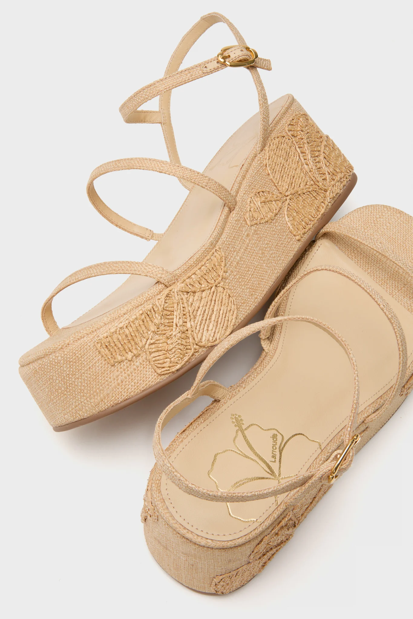 Beige Raffia with Hibiscus Embroidery Gio Platform Sandals - Image 5