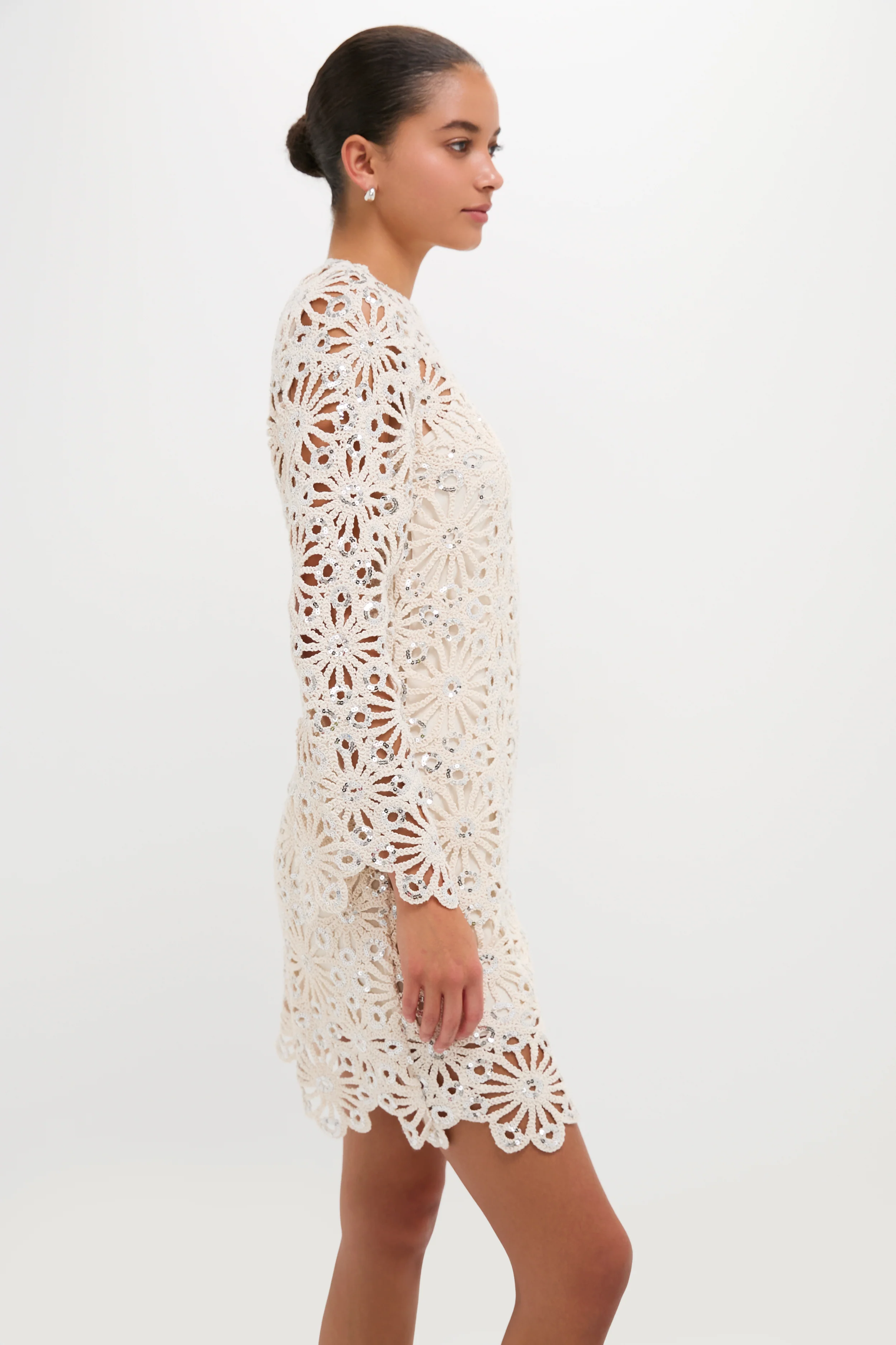 Beige Sequined Crochet Carrie Mini Dress - Image 4