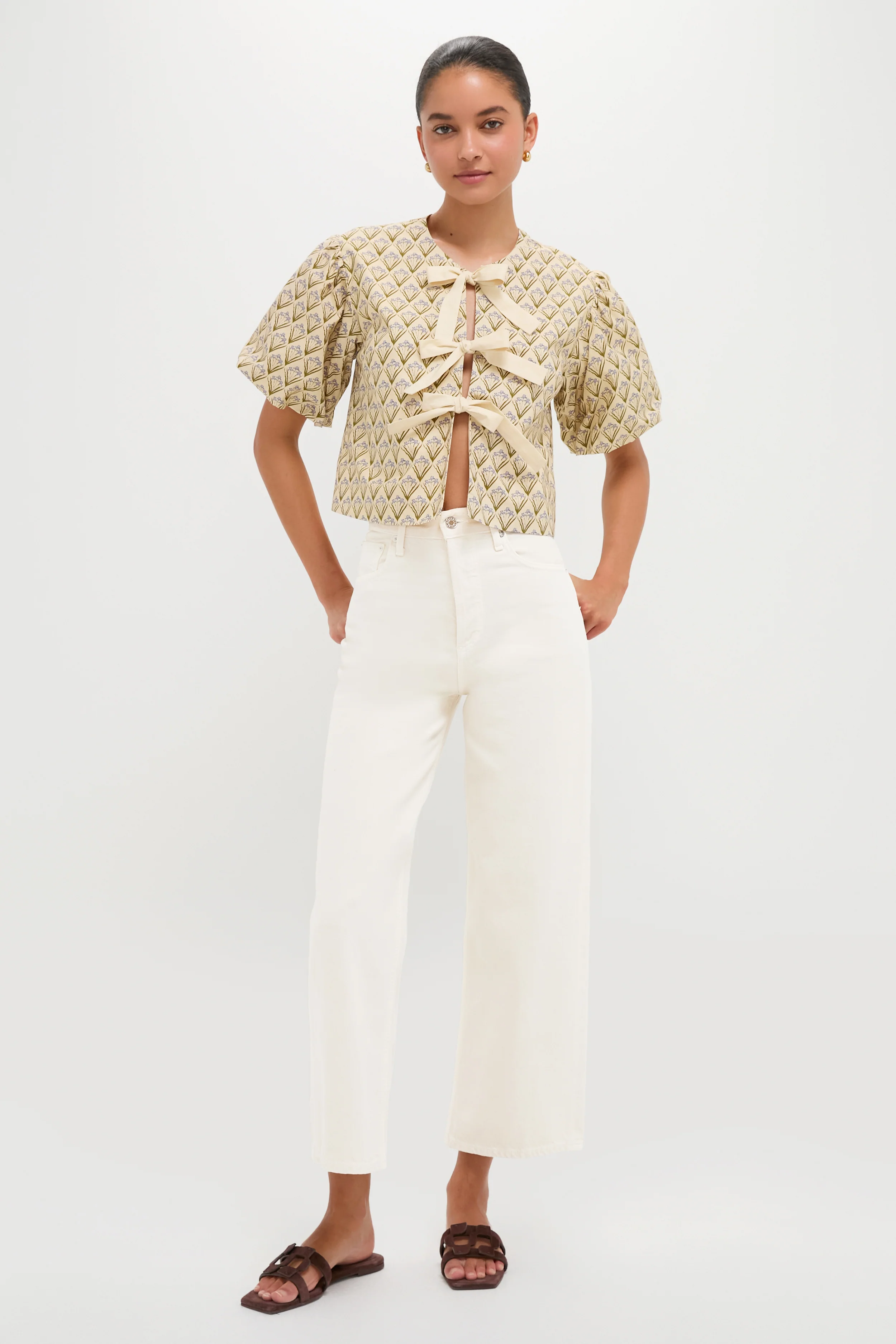 Beige Trellis Floral Tie Crossvine Blouse - Image 6
