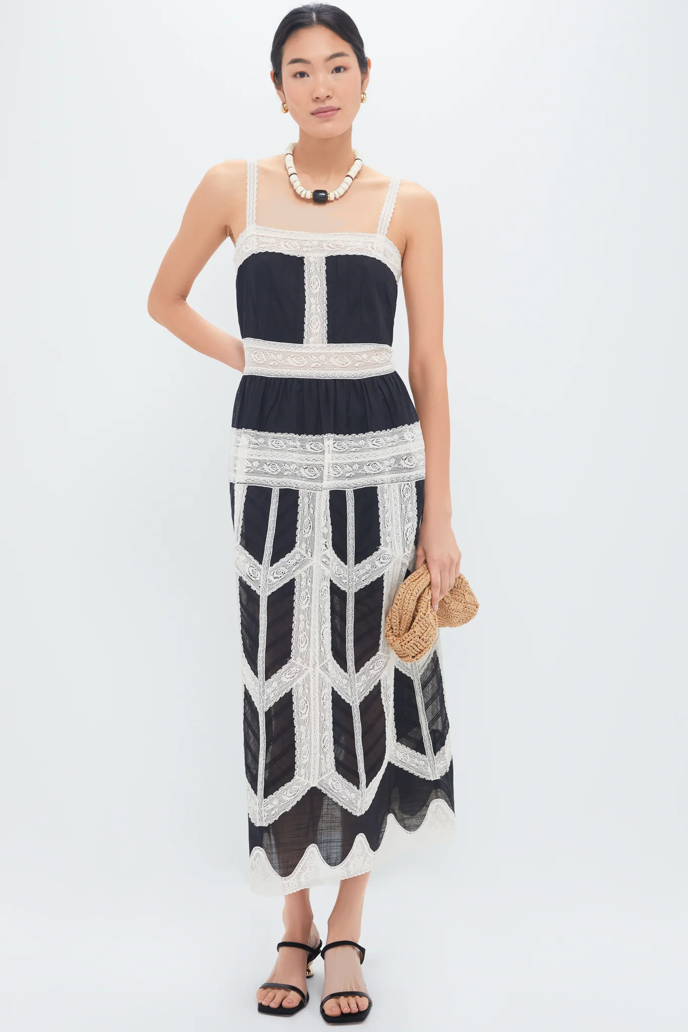 Black and Cream Rhiannon Lace Slip Dress - Image 2
