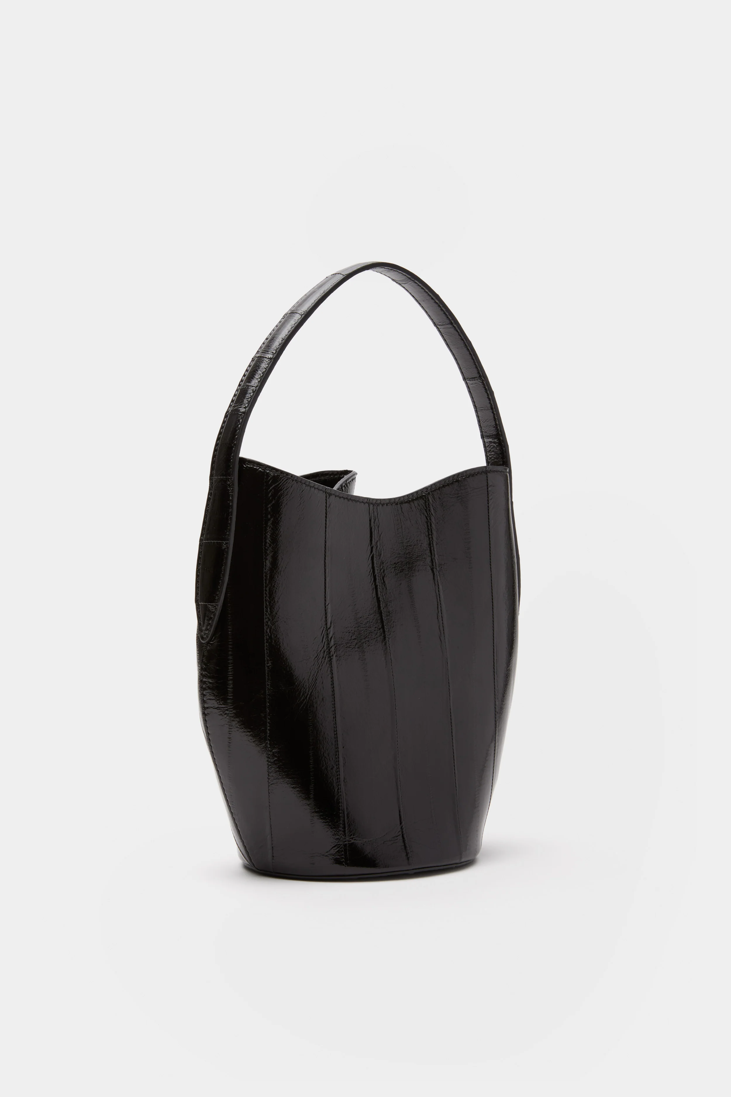Black Eel Skin Mini Belted Bucket Bag - Image 4