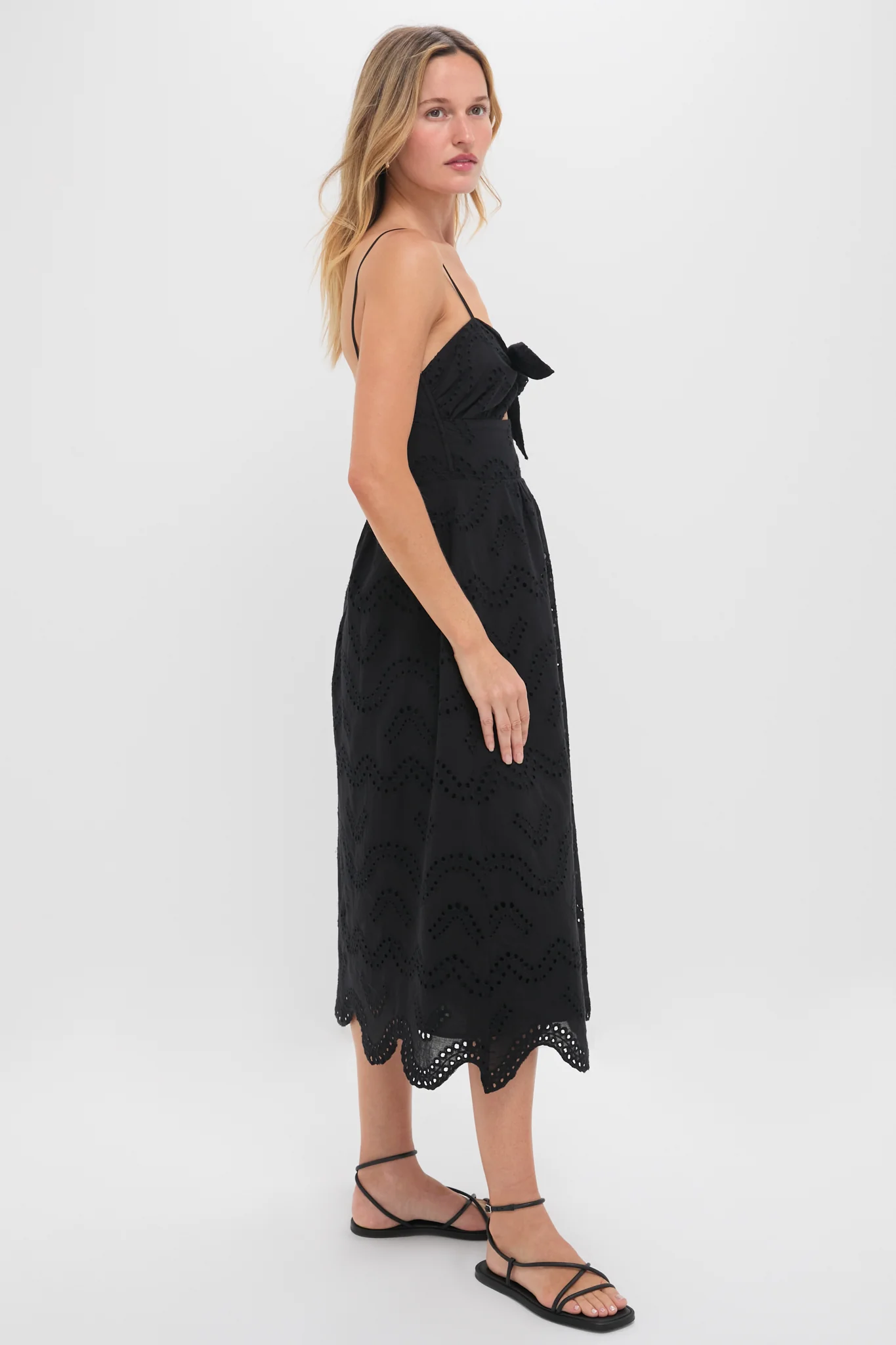Black Eyelet Tie Front Sanibel Midi Dress - Image 4