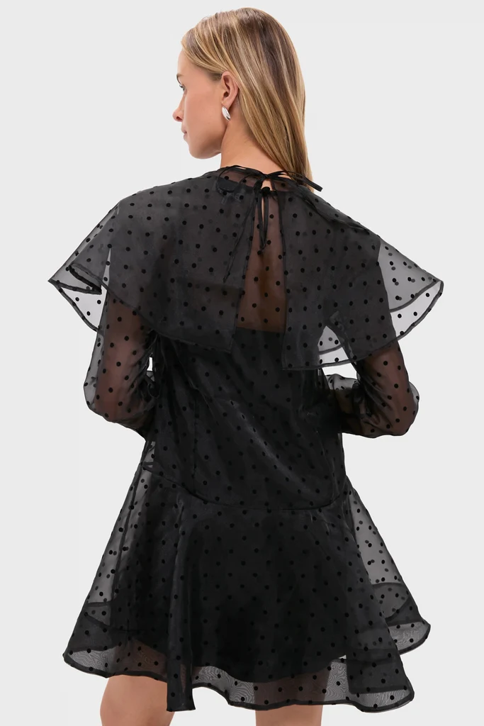 Black Flocked Organza Mini Dress - Image 5