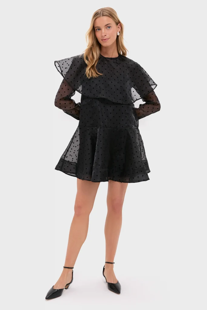 Black Flocked Organza Mini Dress - Image 6
