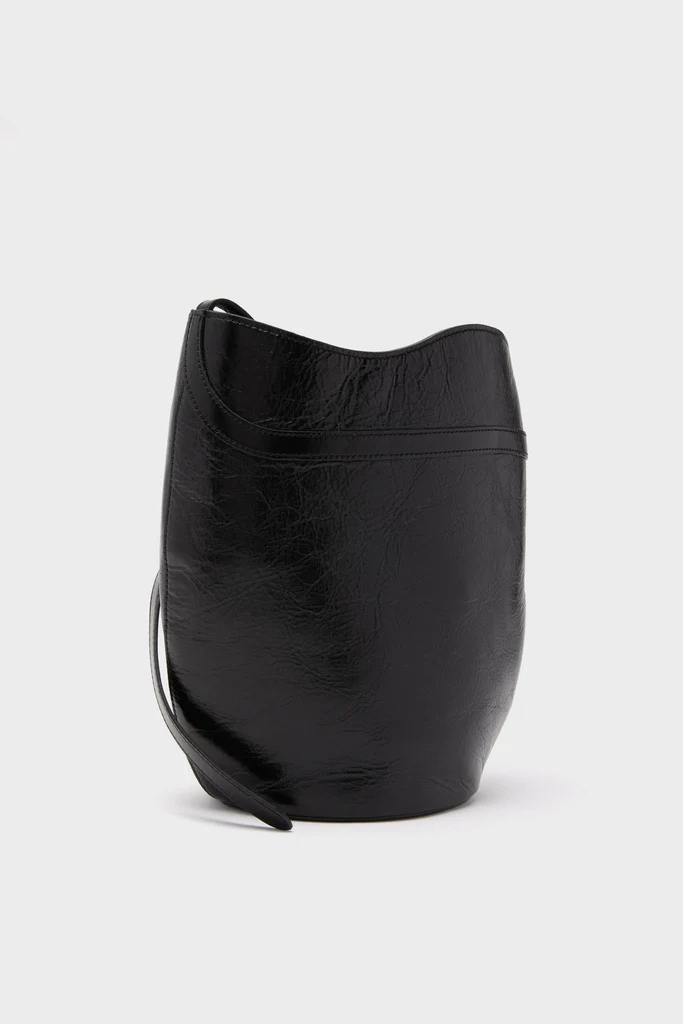 Black Glossy Belted Bucket Bag - Image 4