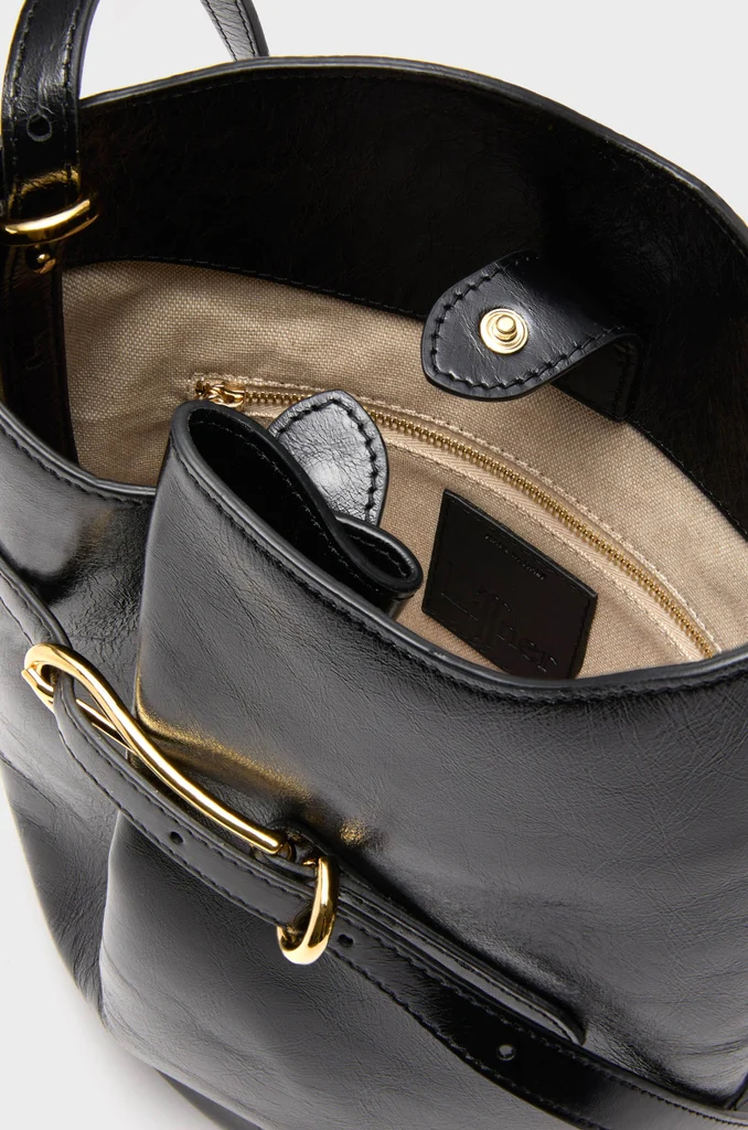 Black Glossy Belted Bucket Bag - Image 5