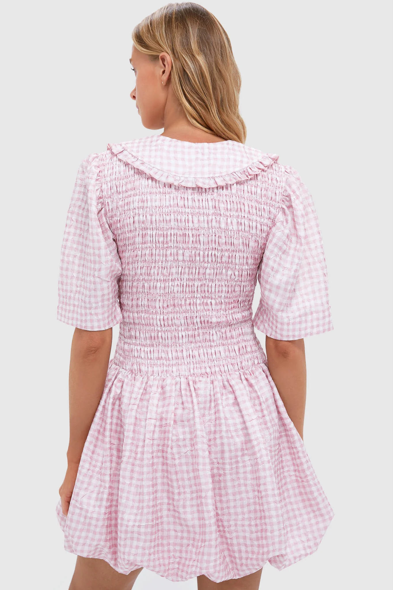 Bleached Mauve Shibori Pleat Mini Smock Bubble Dress - Image 4