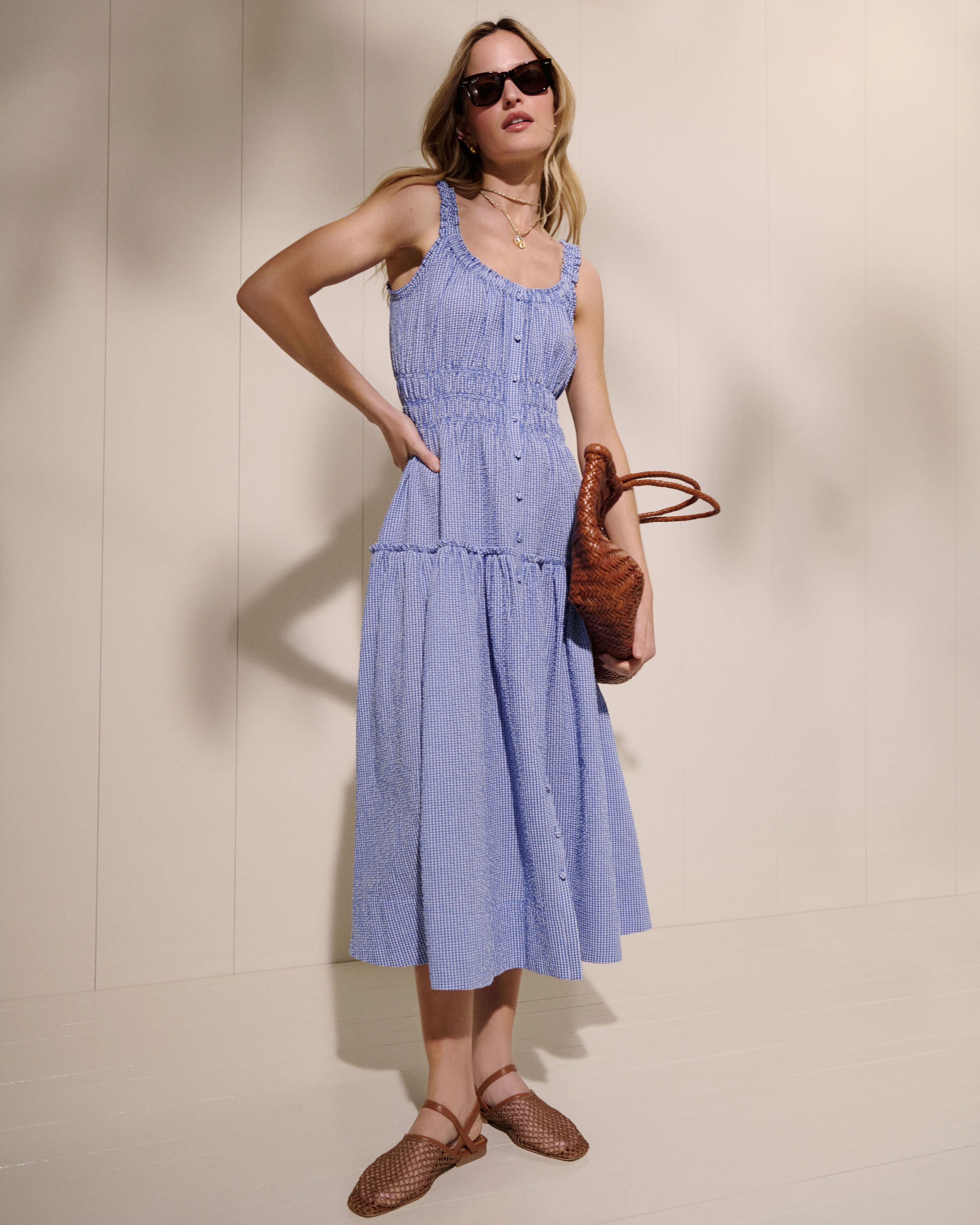 Blue and White Gingham Seersucker Landis Midi Dress - Image 2