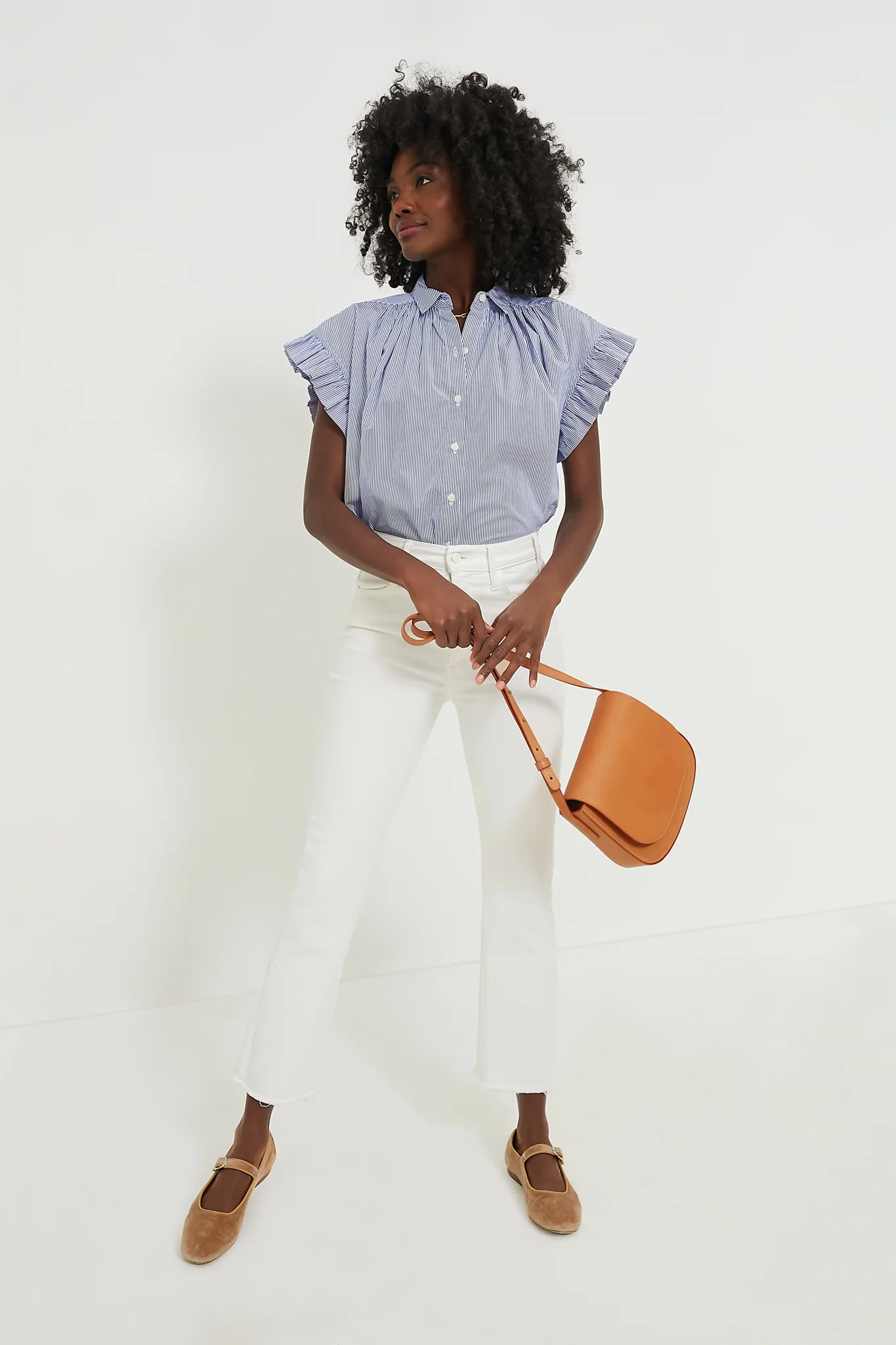 Blue and White Stripe Marianne B Ruffle Sleeve Shirt - Image 6