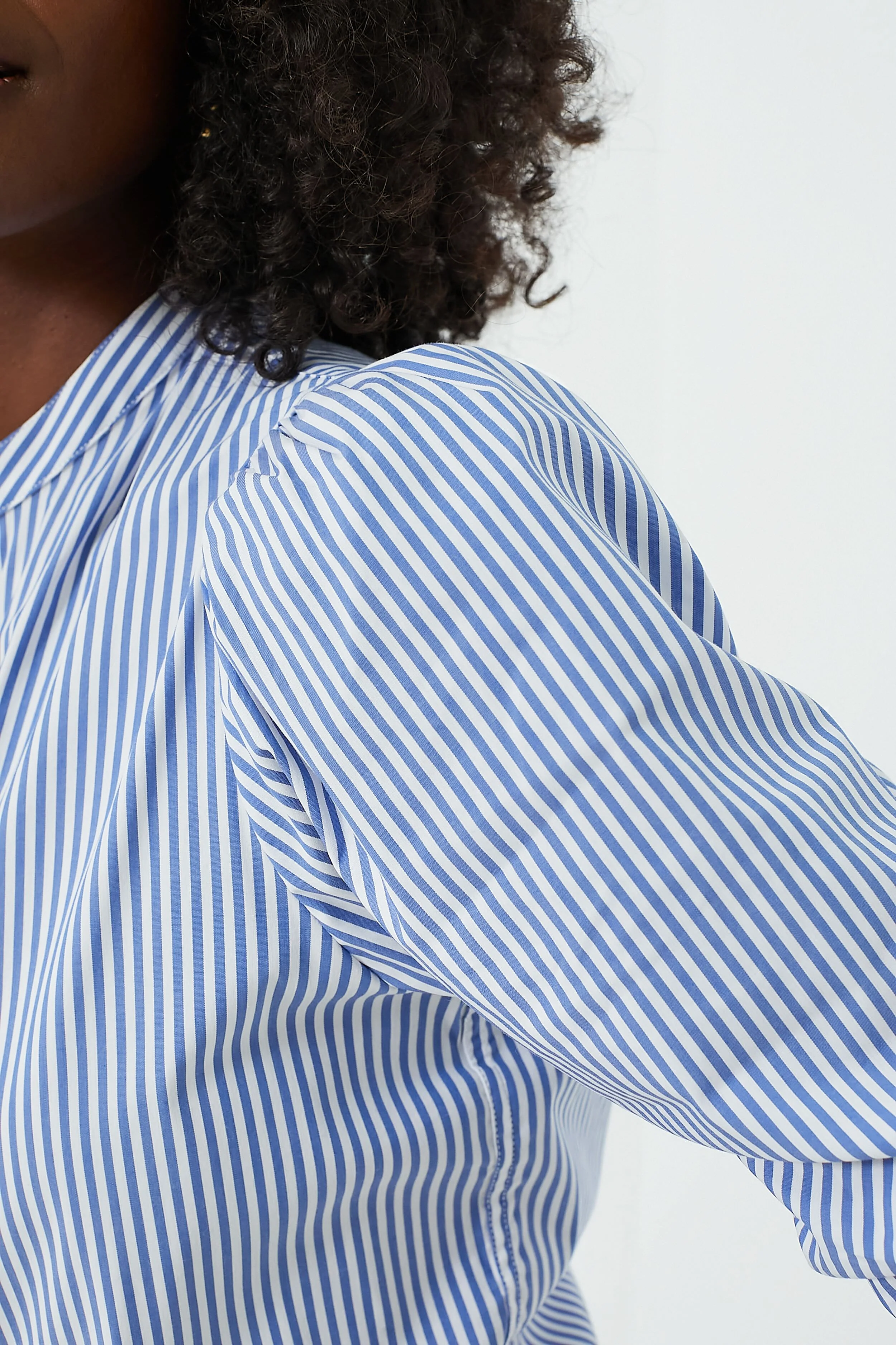 Blue and White Stripe Puffed Shoulder Shirt - Image 5