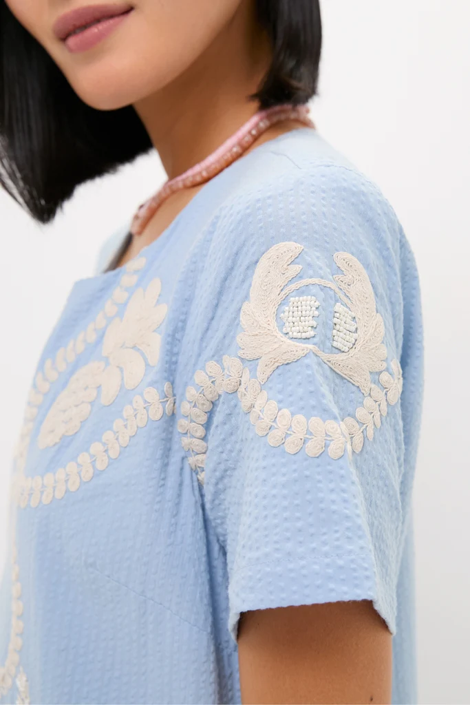 Blue Seersucker Embroidered James Dress - Image 3