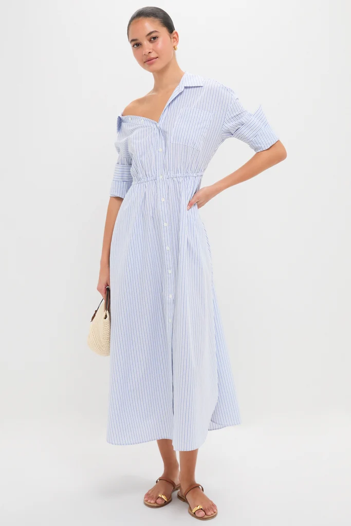Blue Stripe Falling off the Shoulder Midi Dress - Image 3