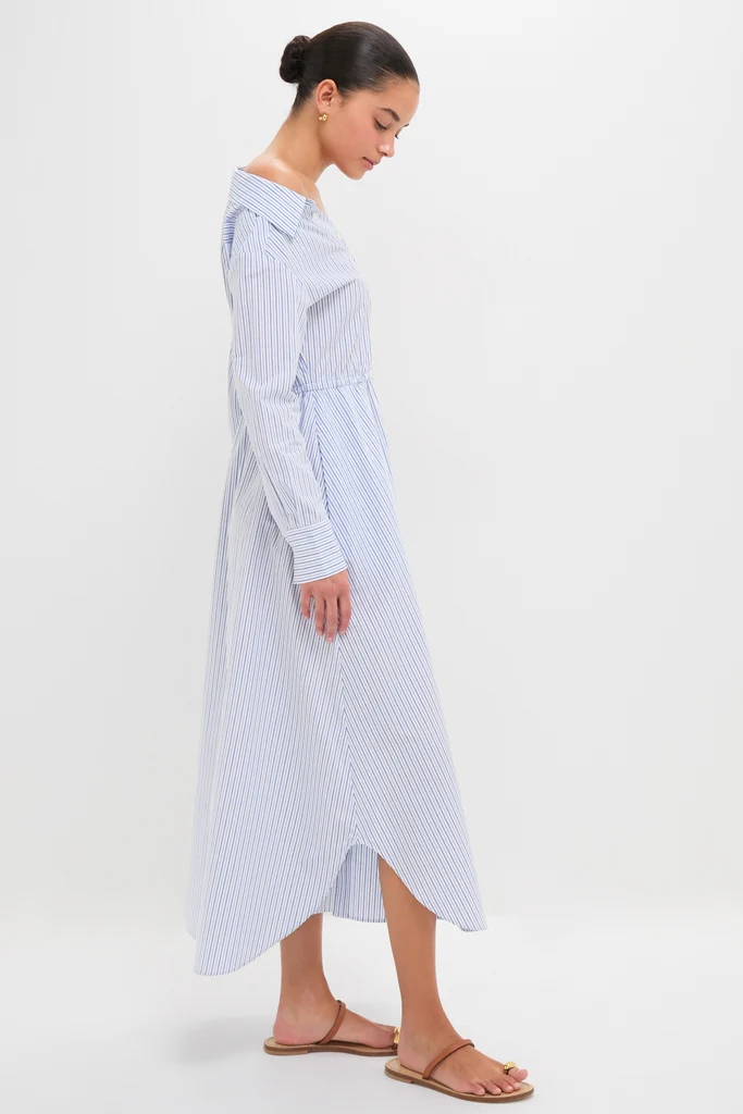 Blue Stripe Falling off the Shoulder Midi Dress - Image 4