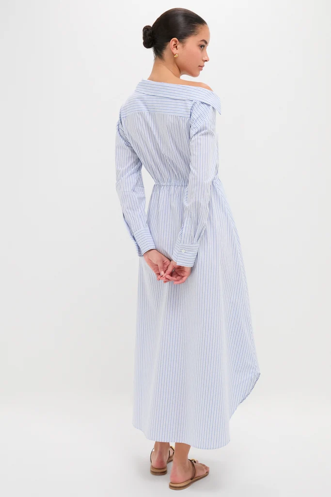 Blue Stripe Falling off the Shoulder Midi Dress - Image 5