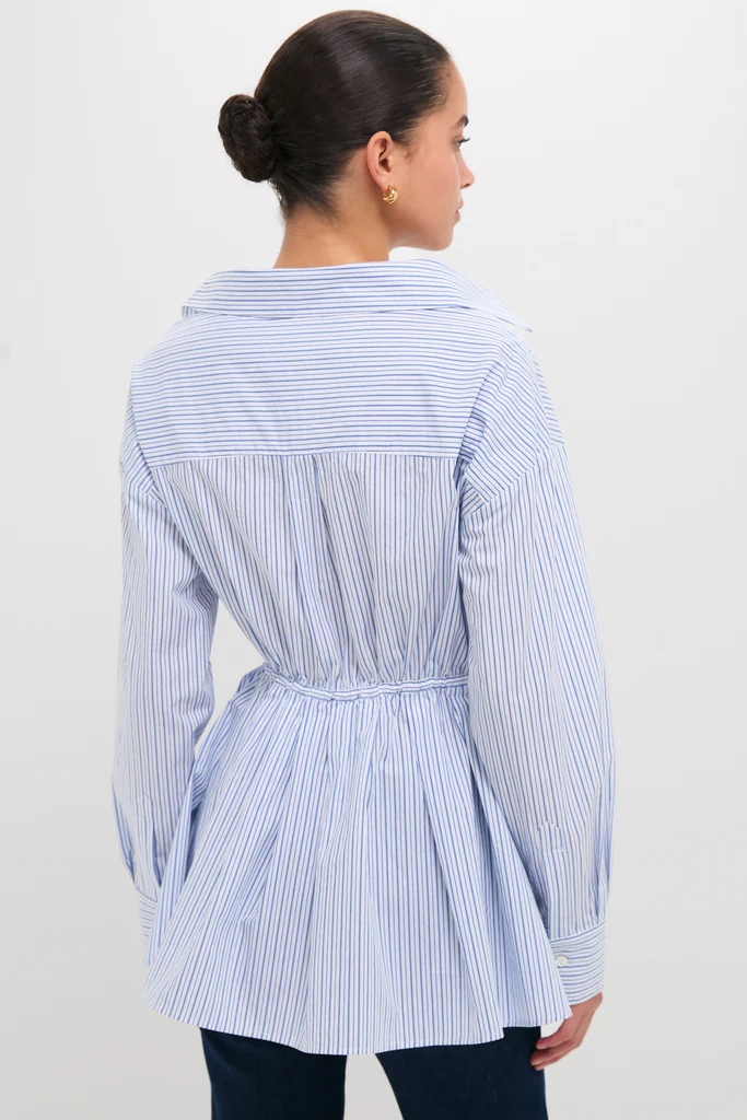 Blue Stripe Falling Off the Shoulder Shirt - Image 4