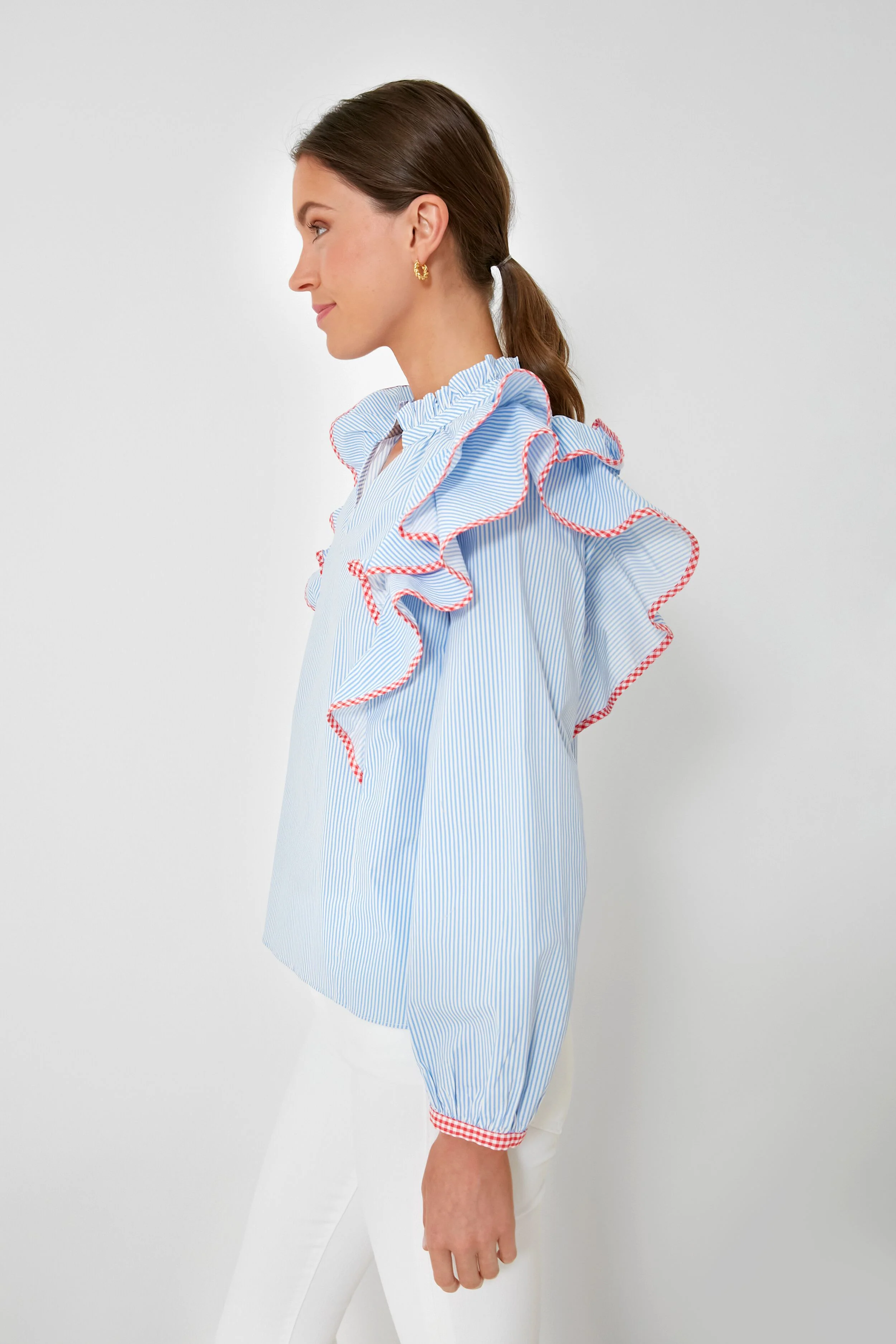 Blue Stripe Gingham Ruffle Holly Blouse - Image 3