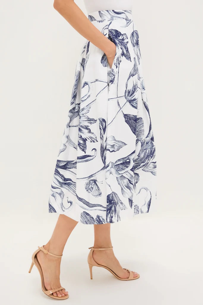 Botanical Engraving Ivory Pleated Midi Skirt - Image 3