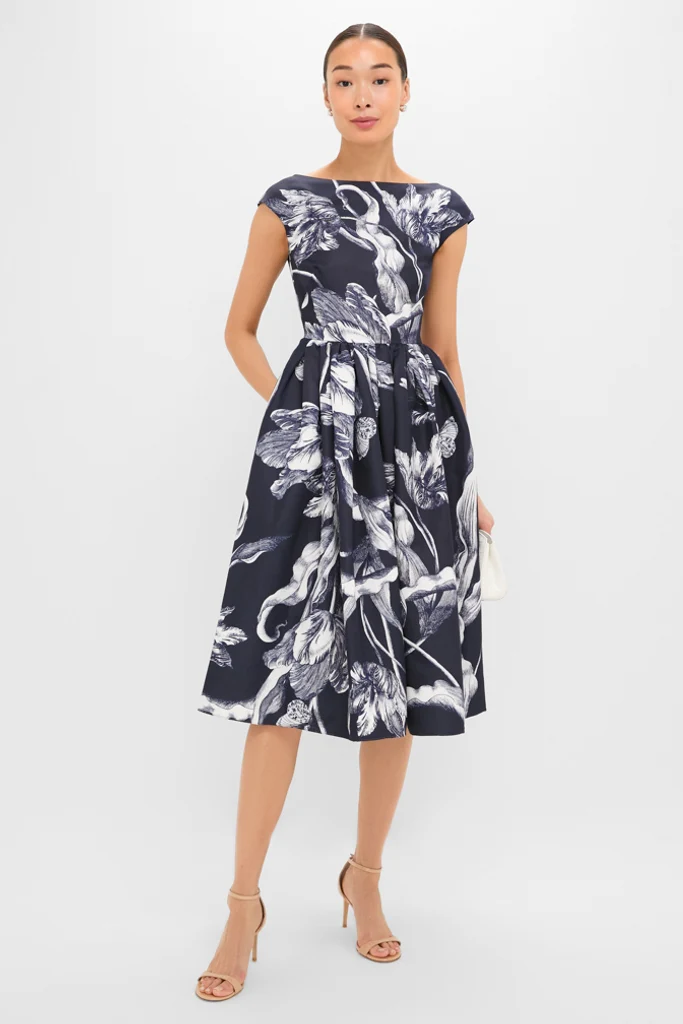 Botanical Engraving Midnight Boat Neck Midi Dress - Image 2