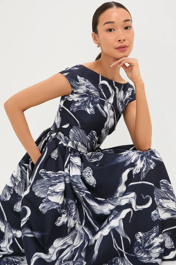 Botanical Engraving Midnight Boat Neck Midi Dress - Image 5