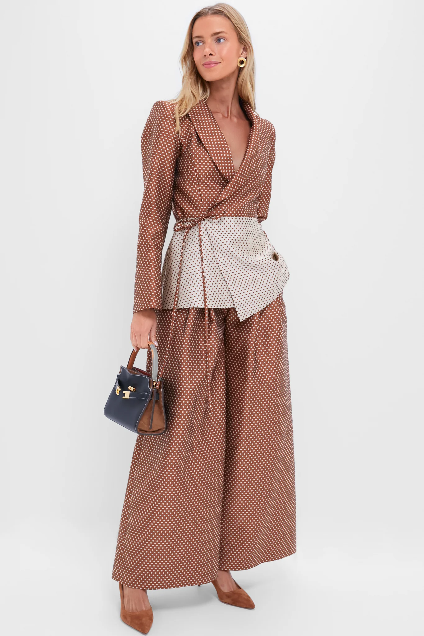 Brown and Cream Wide Leg Pleat Pleat Pants - Image 2