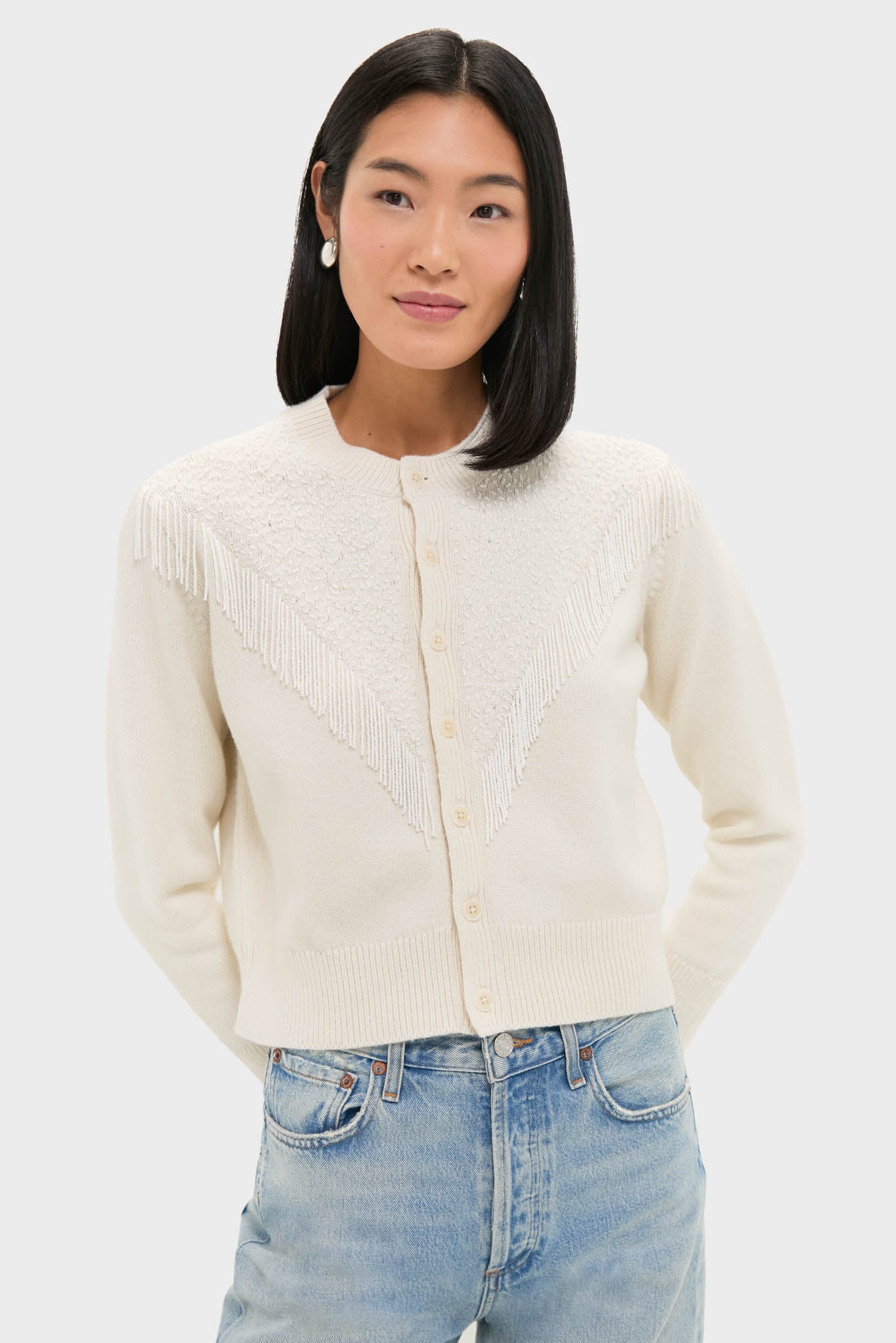 Cream Beaded Fringe Cardigan
