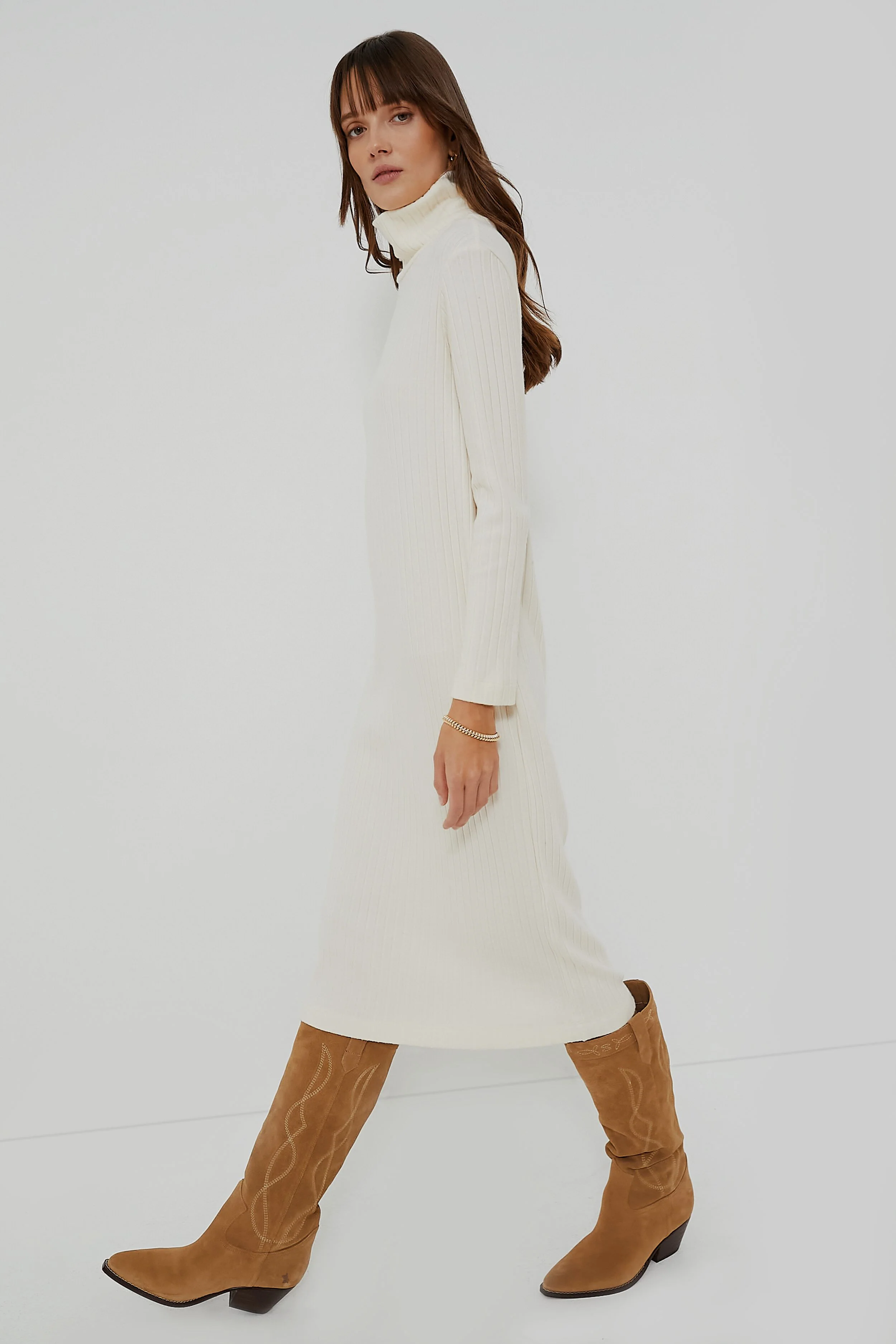 Creme Sweater Rib Turtleneck Dress - Image 3