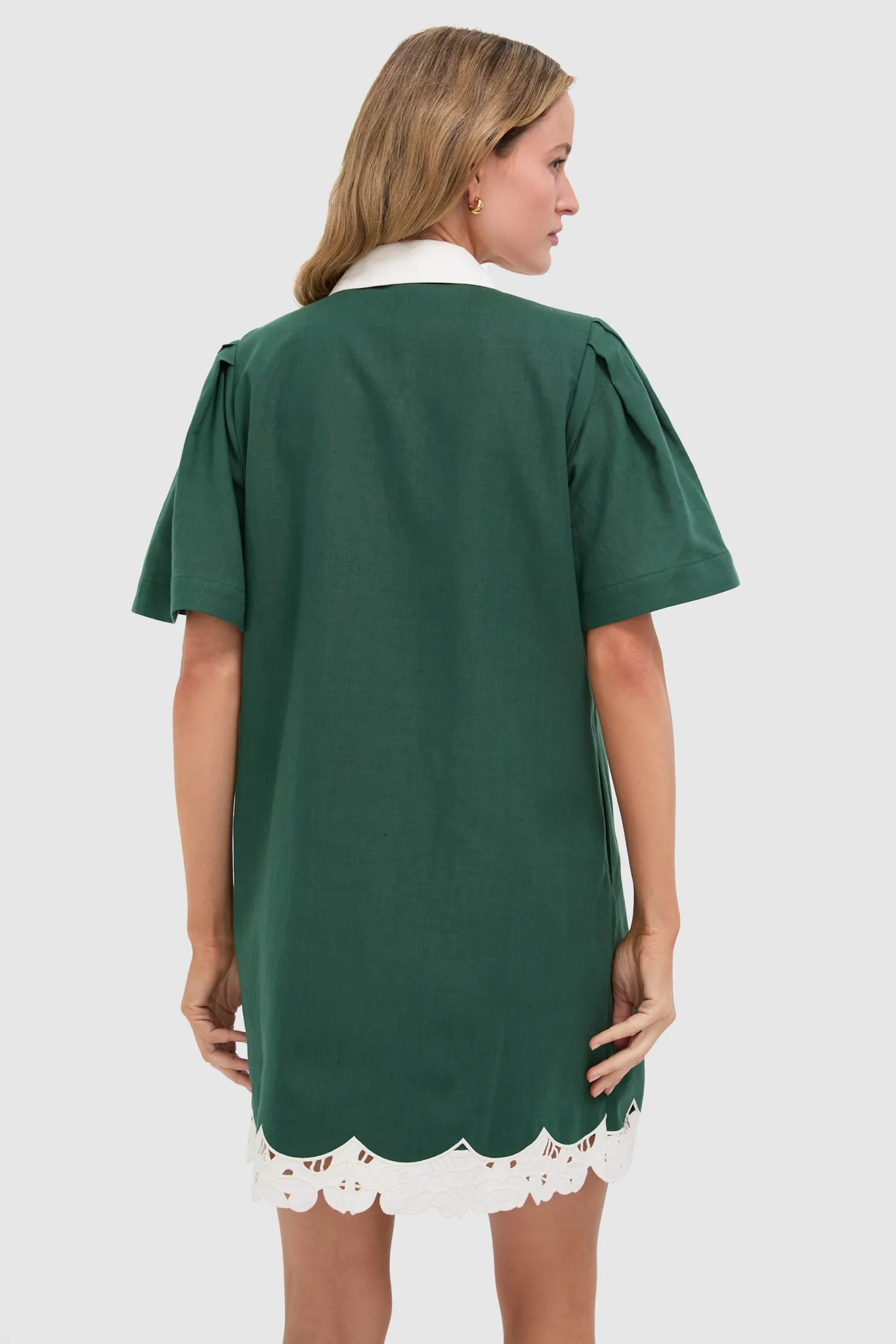 Dark Green Eyelet Trim Cotton Linen Delilah Dress - Image 4