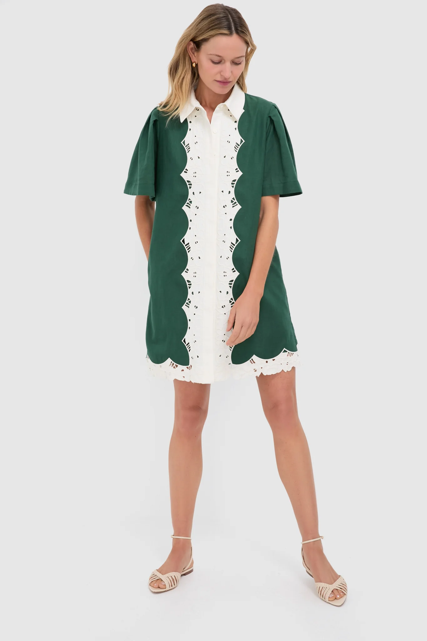 Dark Green Eyelet Trim Cotton Linen Delilah Dress - Image 6