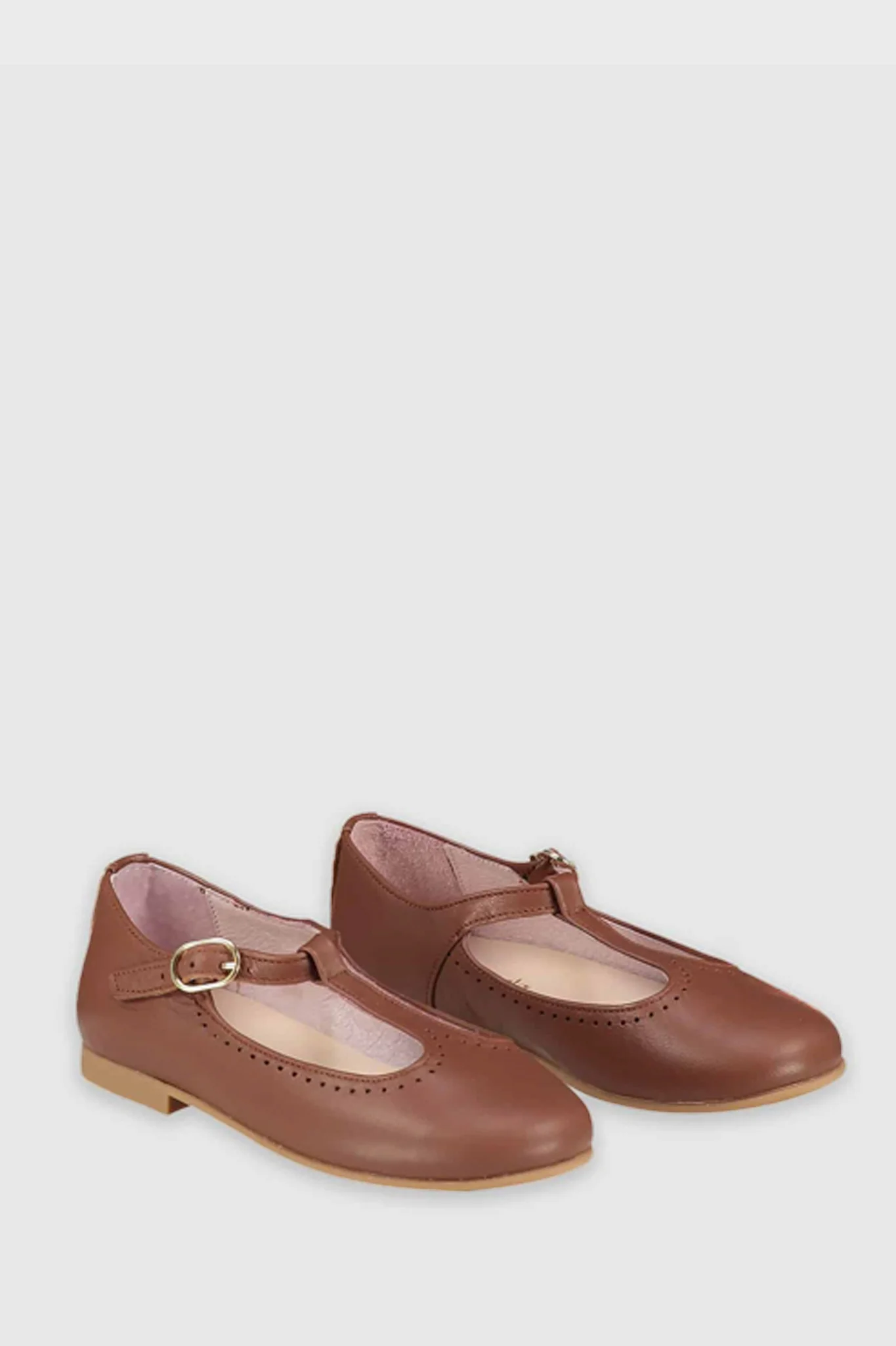 Dark Tan Leather T Bar Shoes - Image 5