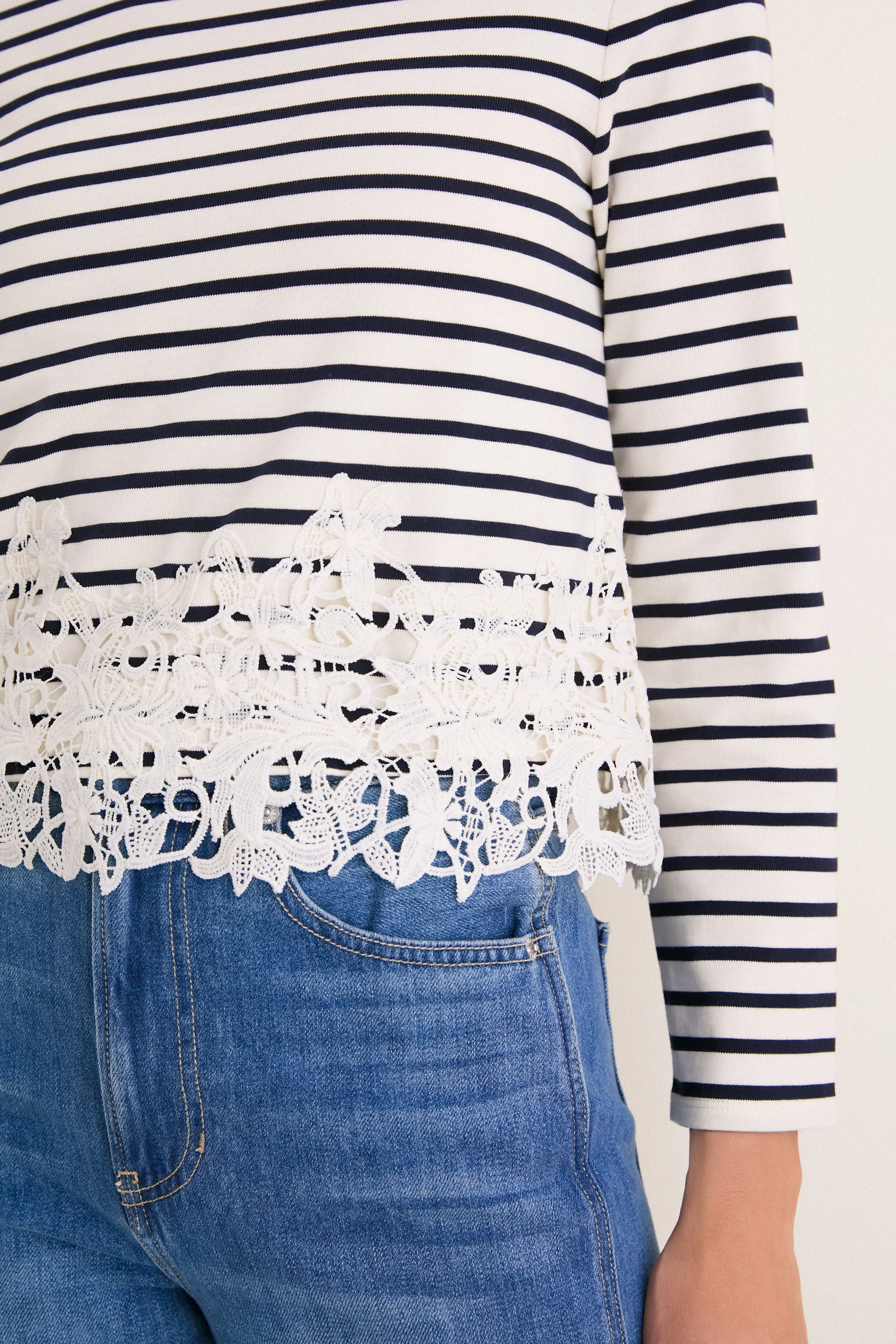 Dove and Navy Stripe Hovey Top with Lace - Image 5