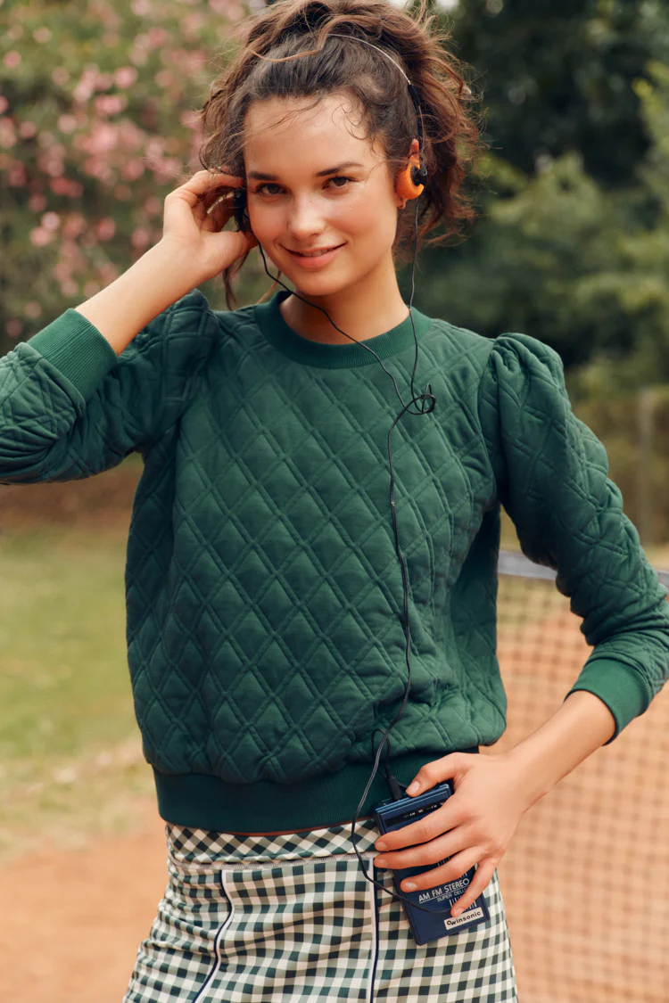 Eden Green Puff Sleeve Quilted Stretch Campbell Pullover - Image 2