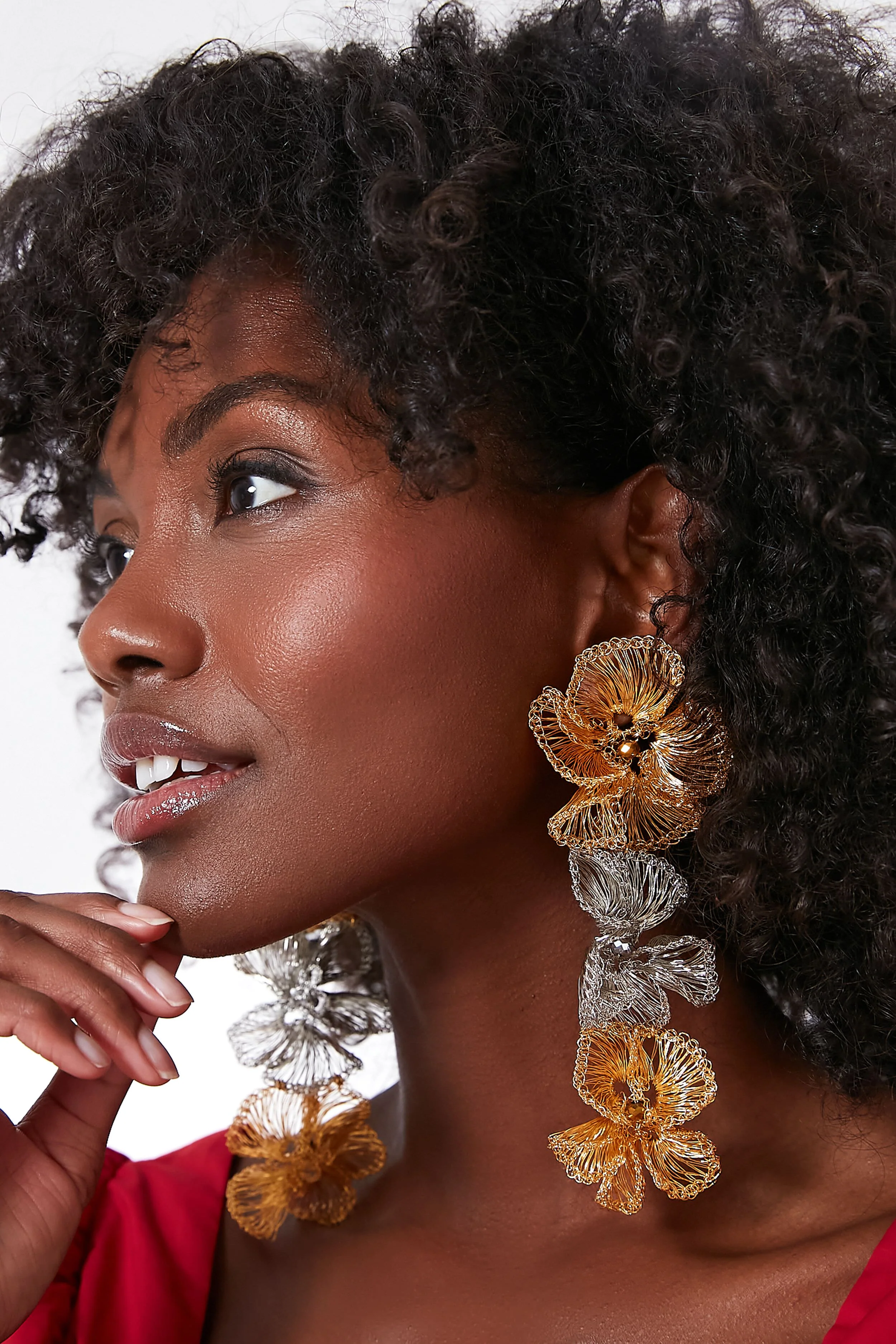 Gold and Silver Floral Triple Drop Earrings - Image 2