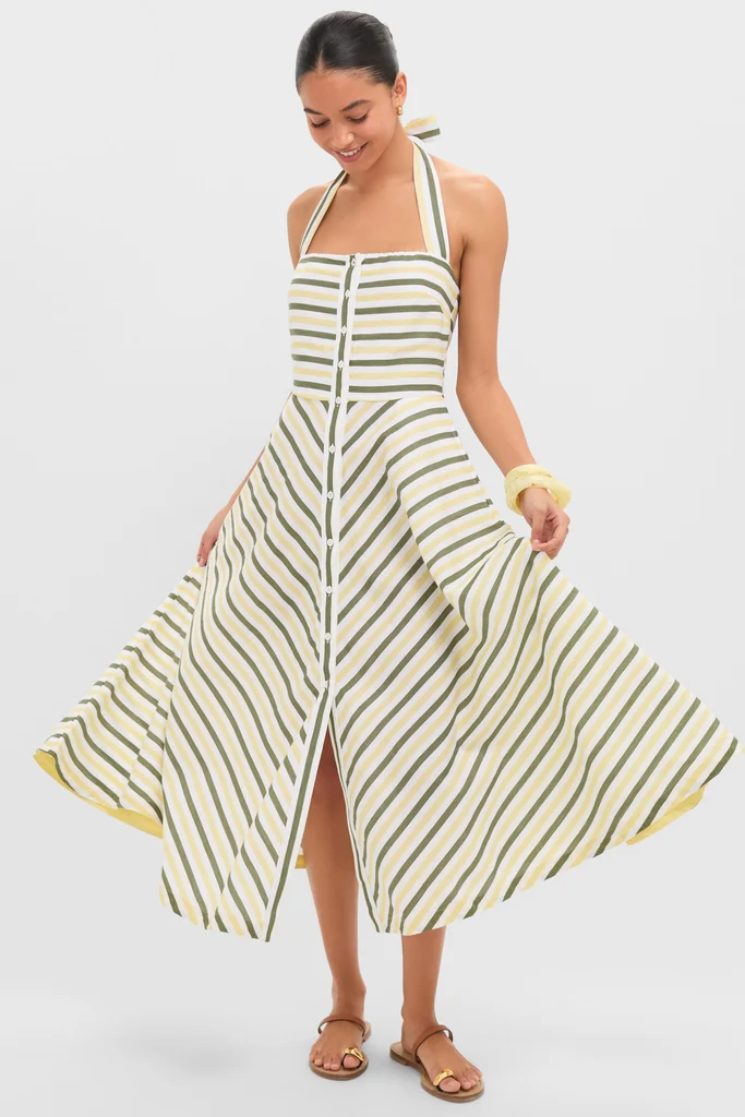Green and Yellow Stripe Halter Button Down Mirabel Dress and Short Set - Image 6