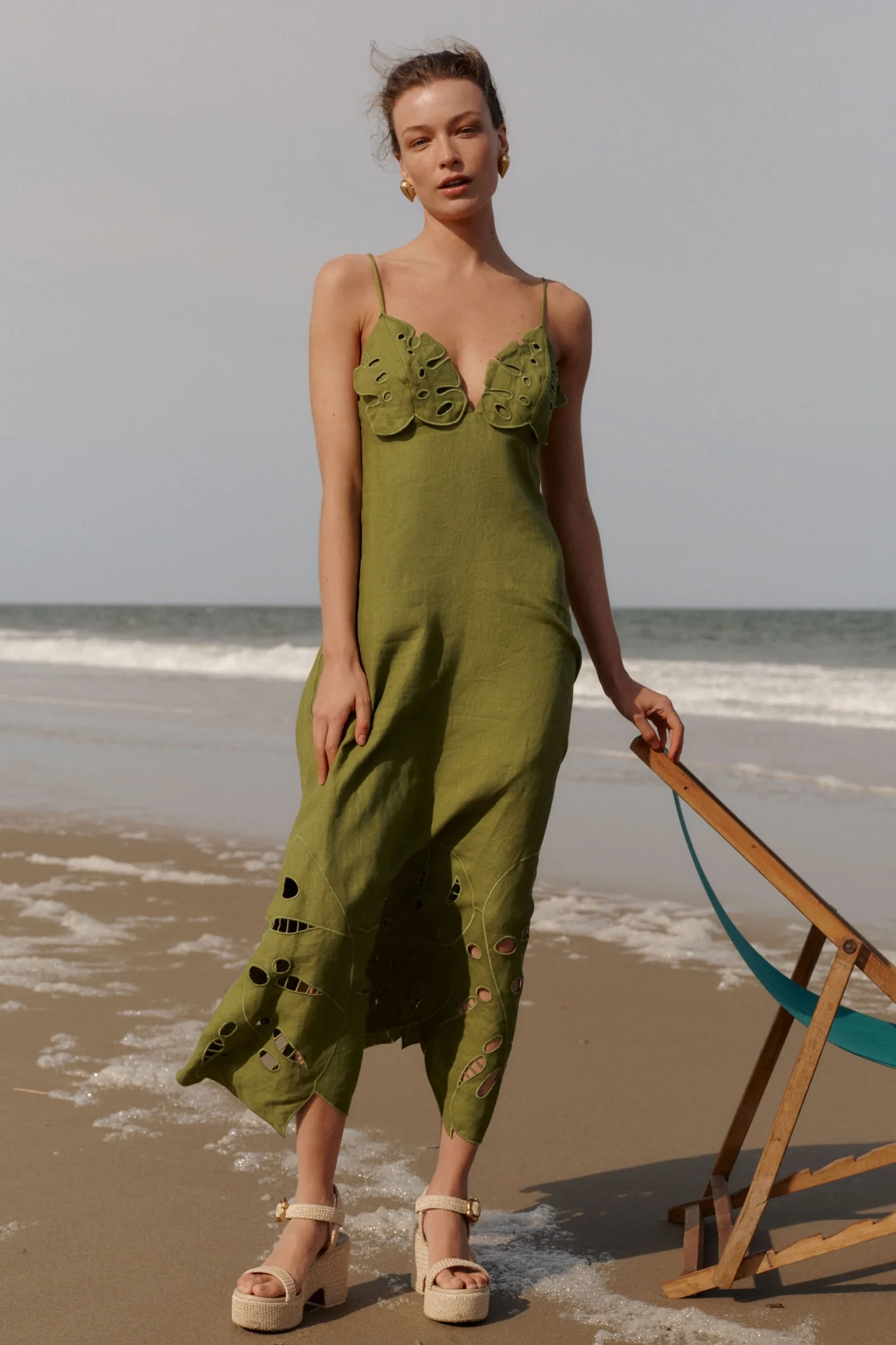 Green Monstera Embroidery Midi Dress - Image 2
