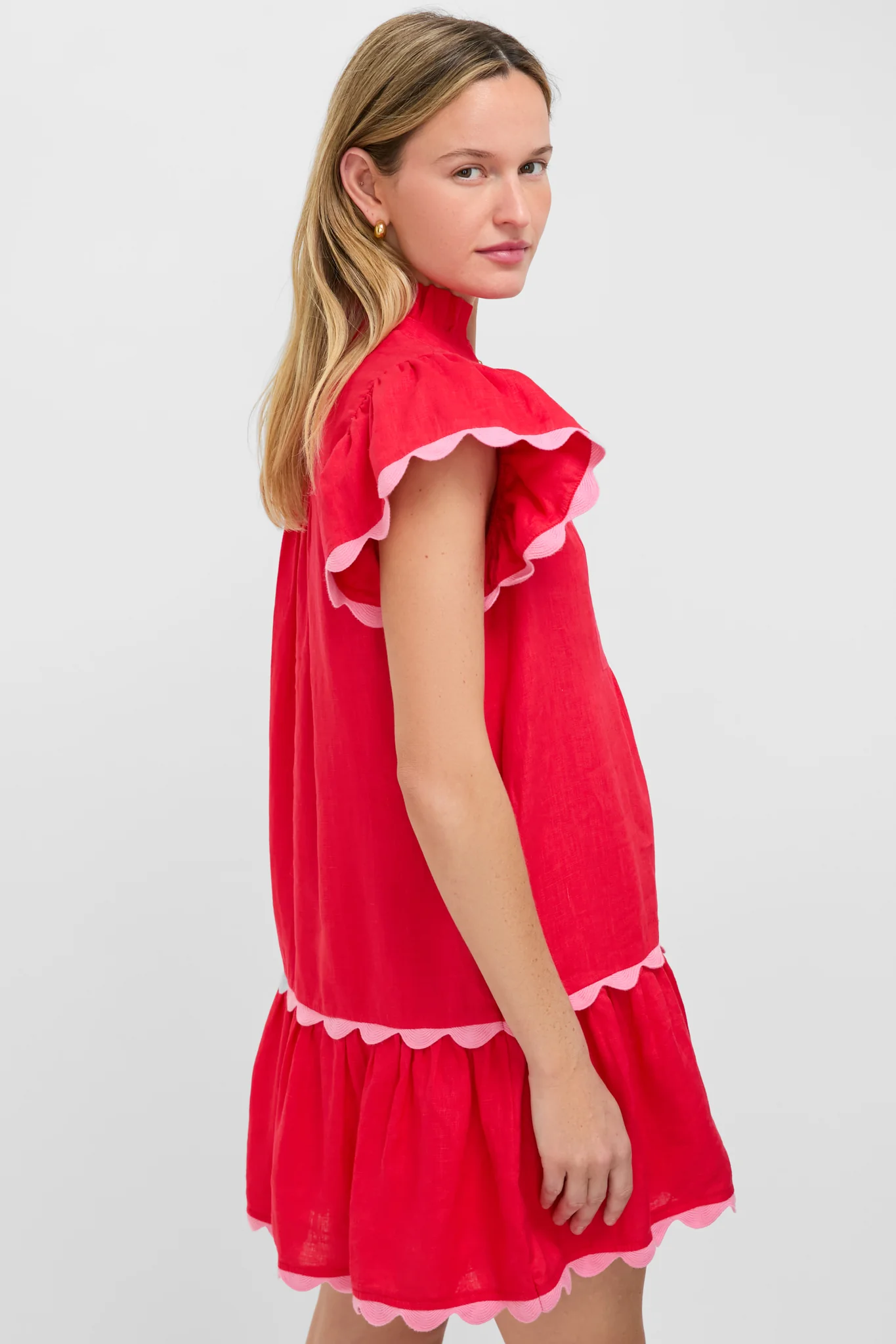 Hibiscus Red Linen Flutter Sleeve Bella Dress - Image 3
