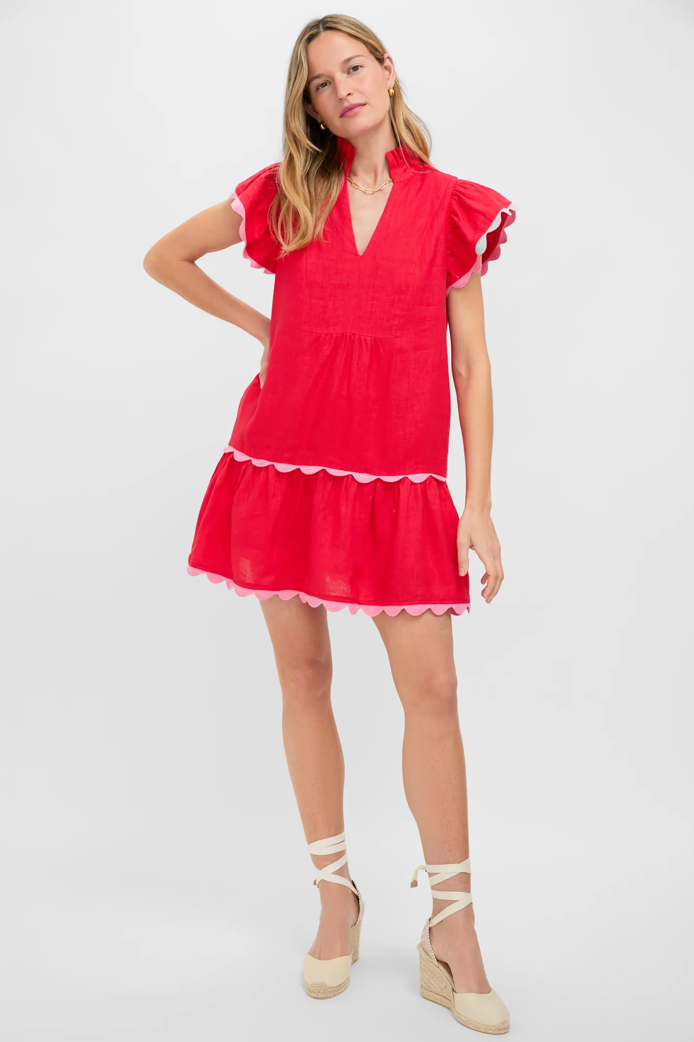 Hibiscus Red Linen Flutter Sleeve Bella Dress - Image 6
