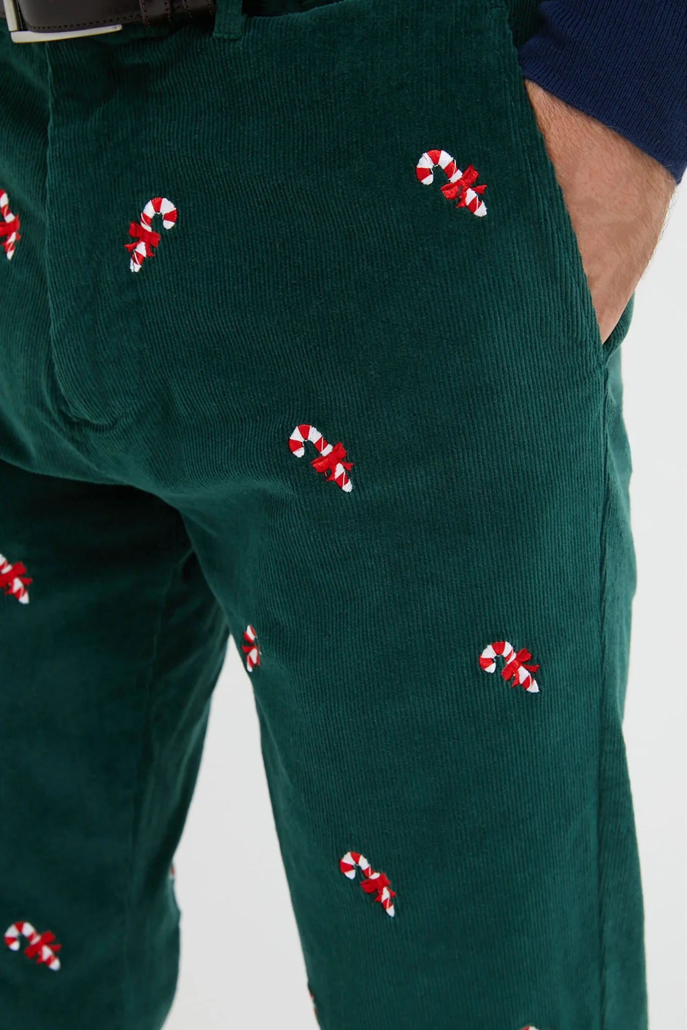 Hunter Green Candy Cane Embroidered Corduroy Pants (32" Inseam) - Image 2