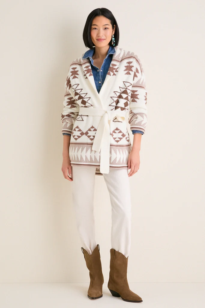 Ivory and Mocha Wool Blend Ranch Teddy Wrap Cardigan - Image 6