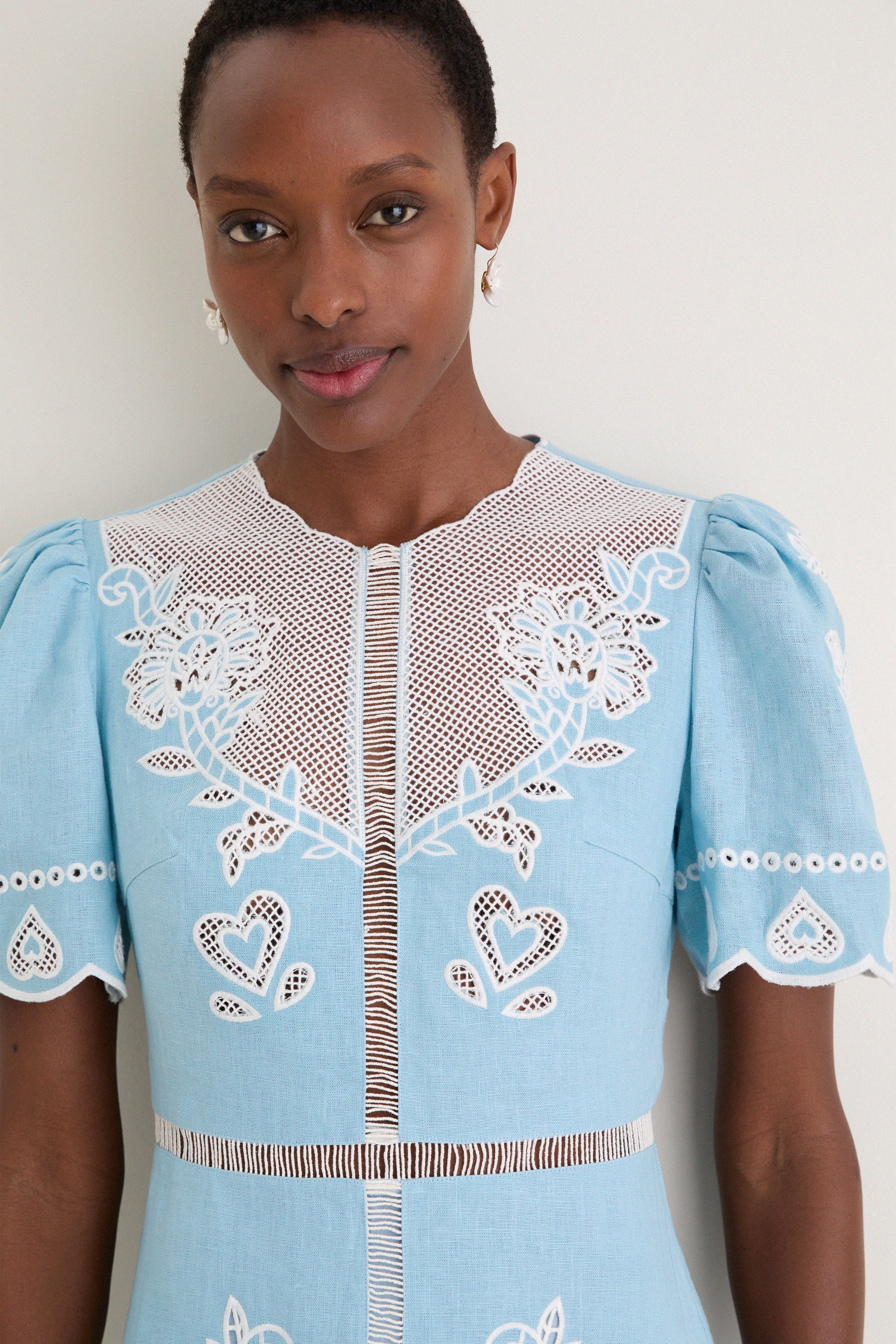 Light Blue Embroidery Short Sleeve Midi Dress - Image 5