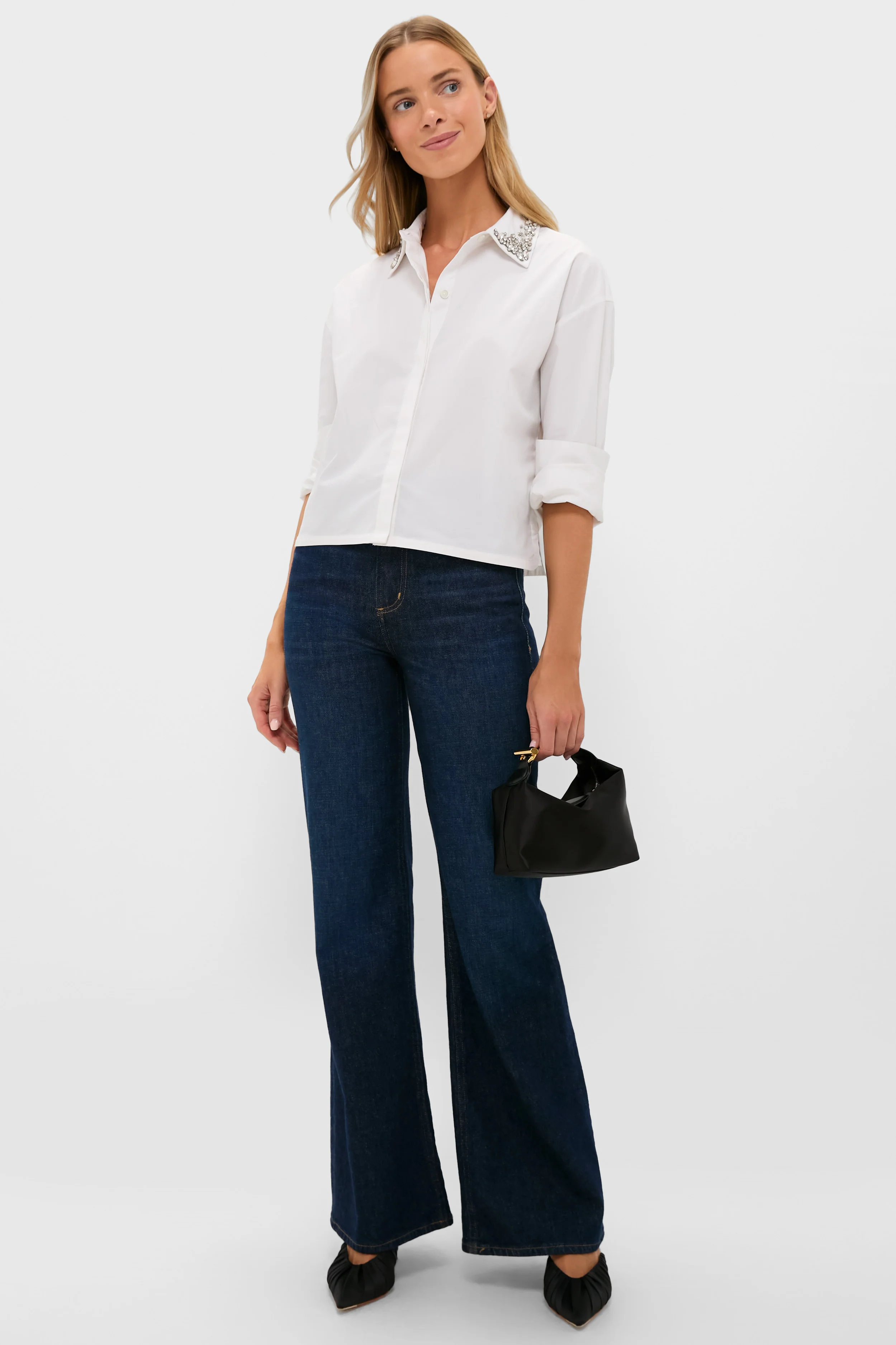White Embellished Cropped Jasper Button Down