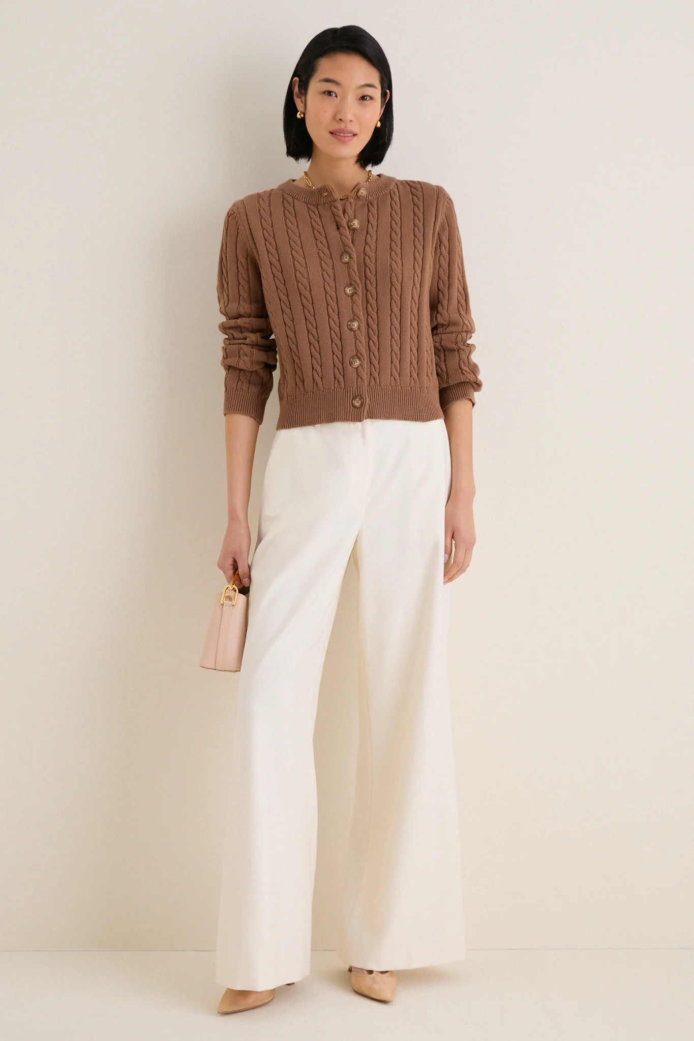 Mocha Cotton Cable Draper Cardigan - Image 2