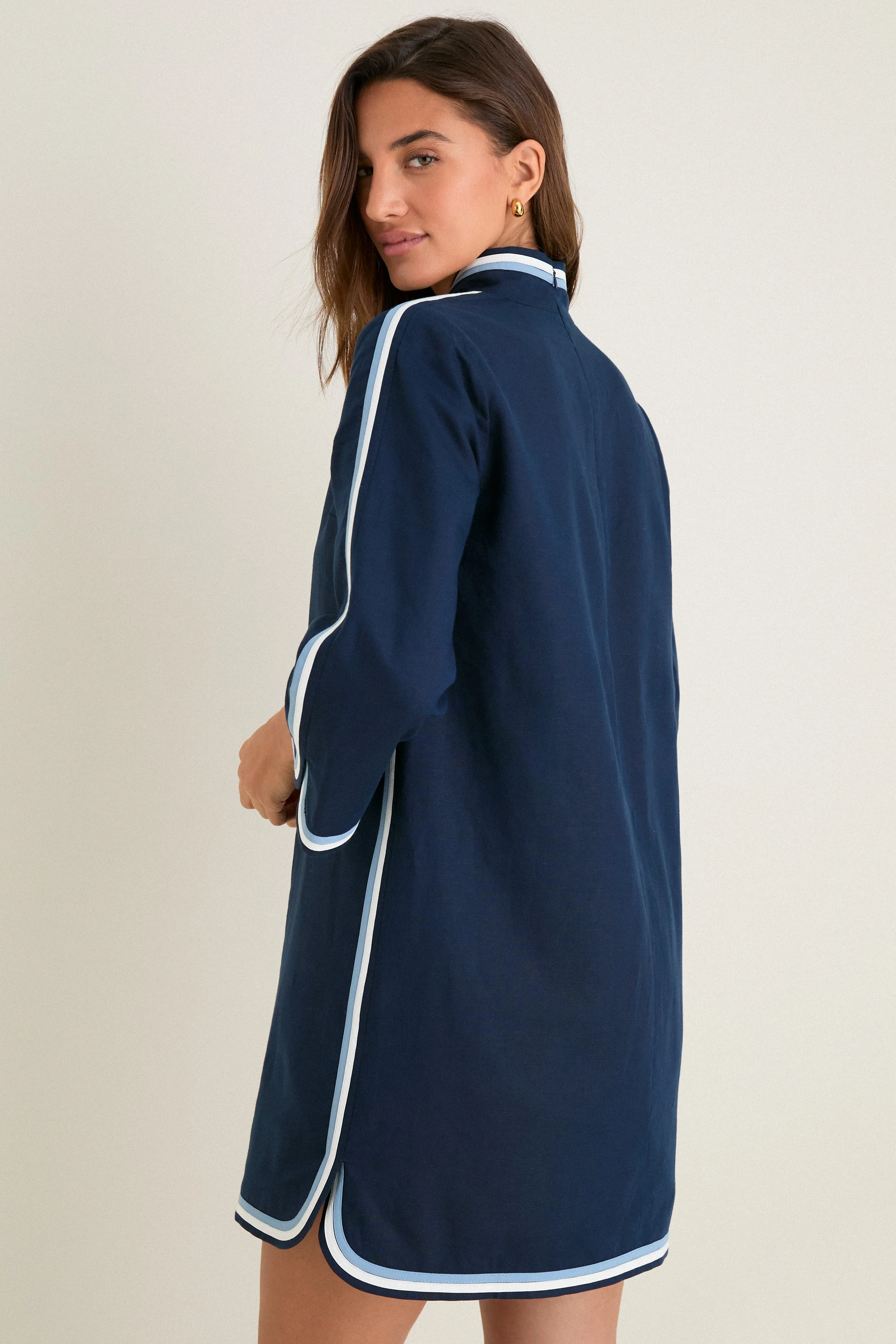 Navy Cotton Linen Contrast Trim Sabine Tunic Dress - Image 4