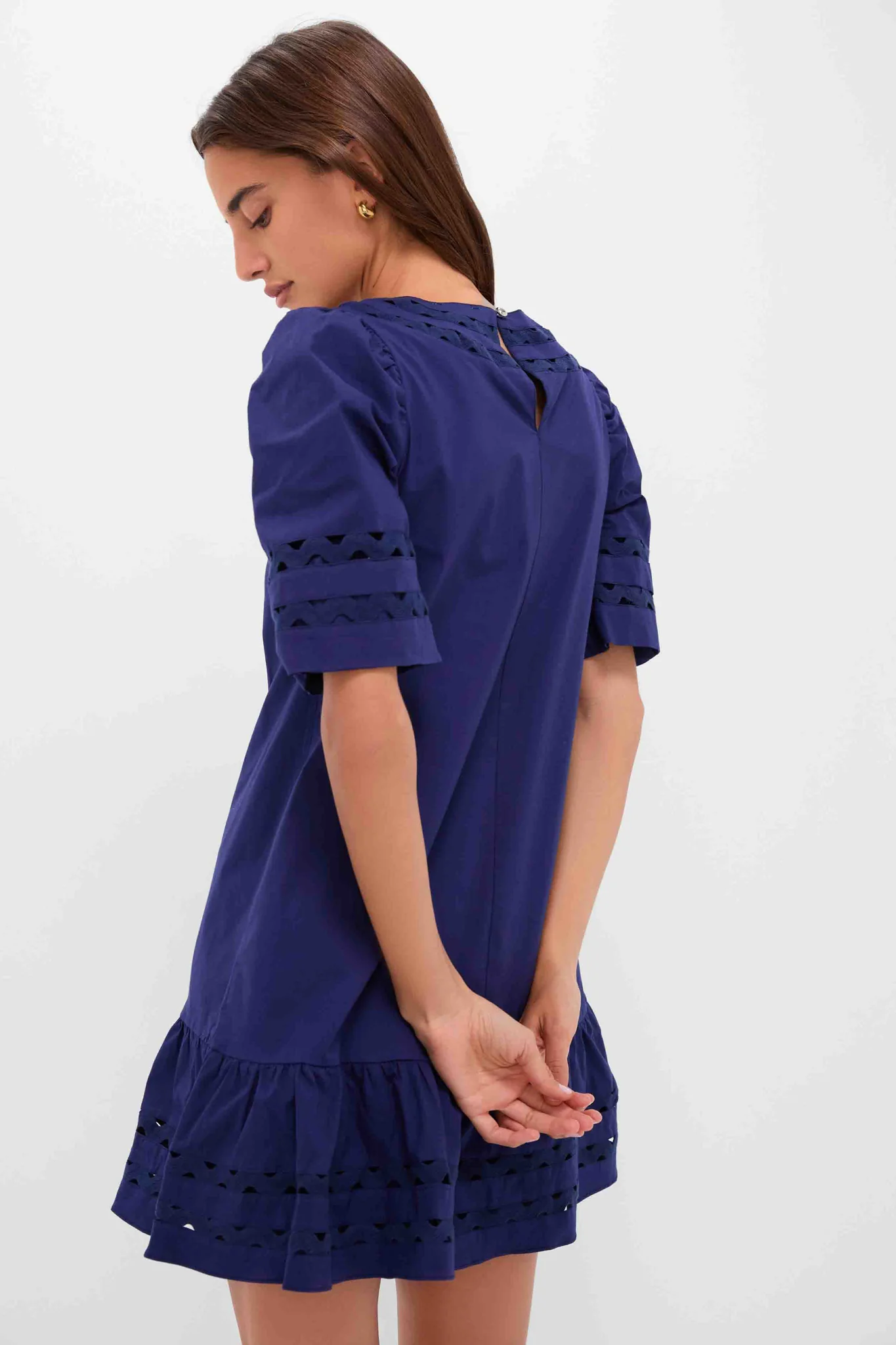 Navy V-Neck Puff Sleeve Mini Dress - Image 4