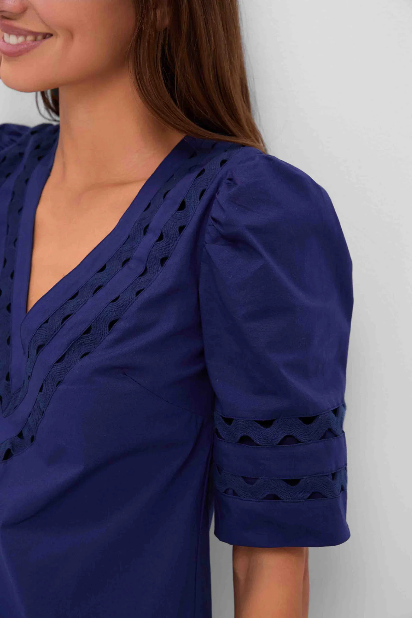 Navy V-Neck Puff Sleeve Mini Dress - Image 5