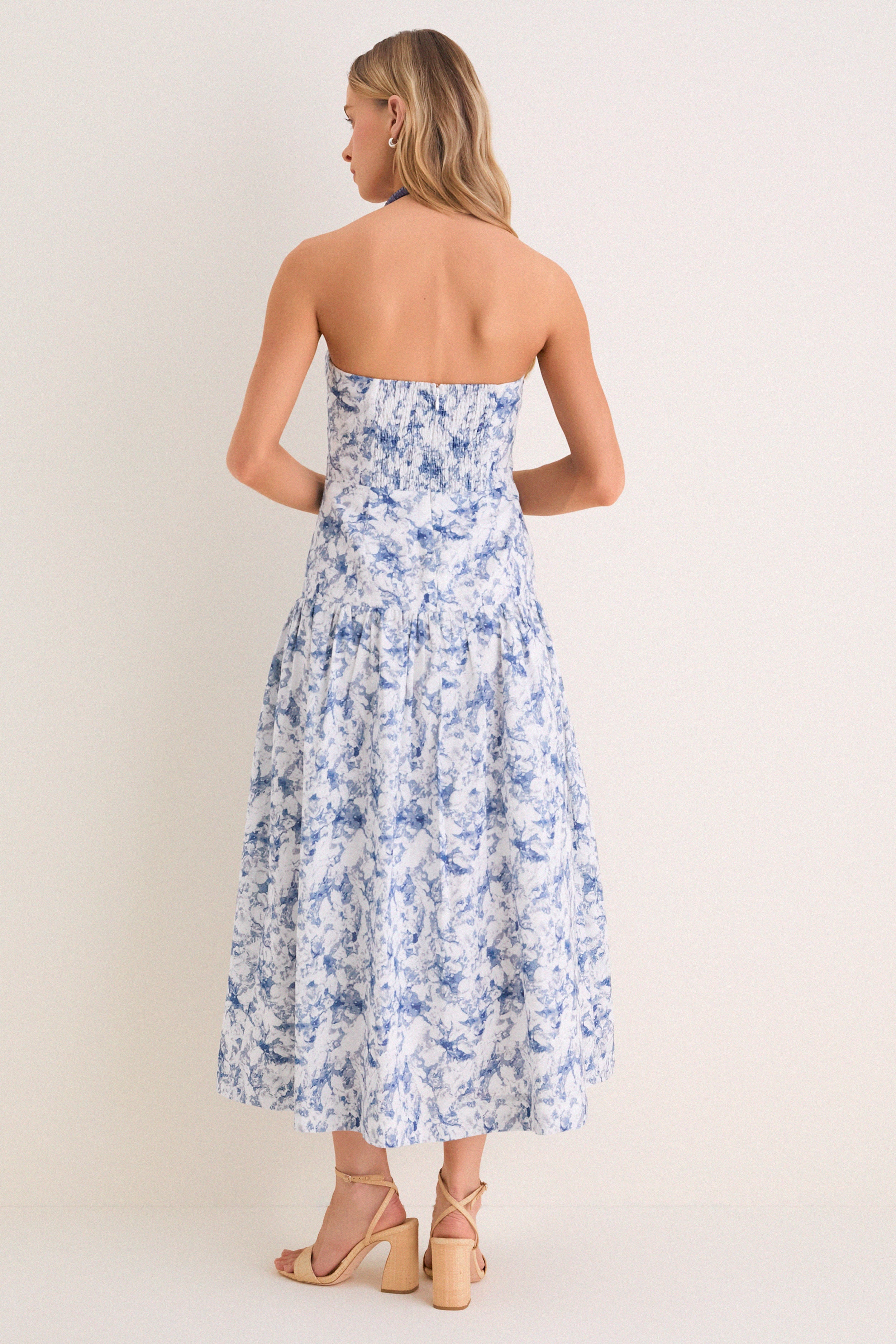 Navy Watercolor Beaded Halter Natalie Midi Dress - Image 4