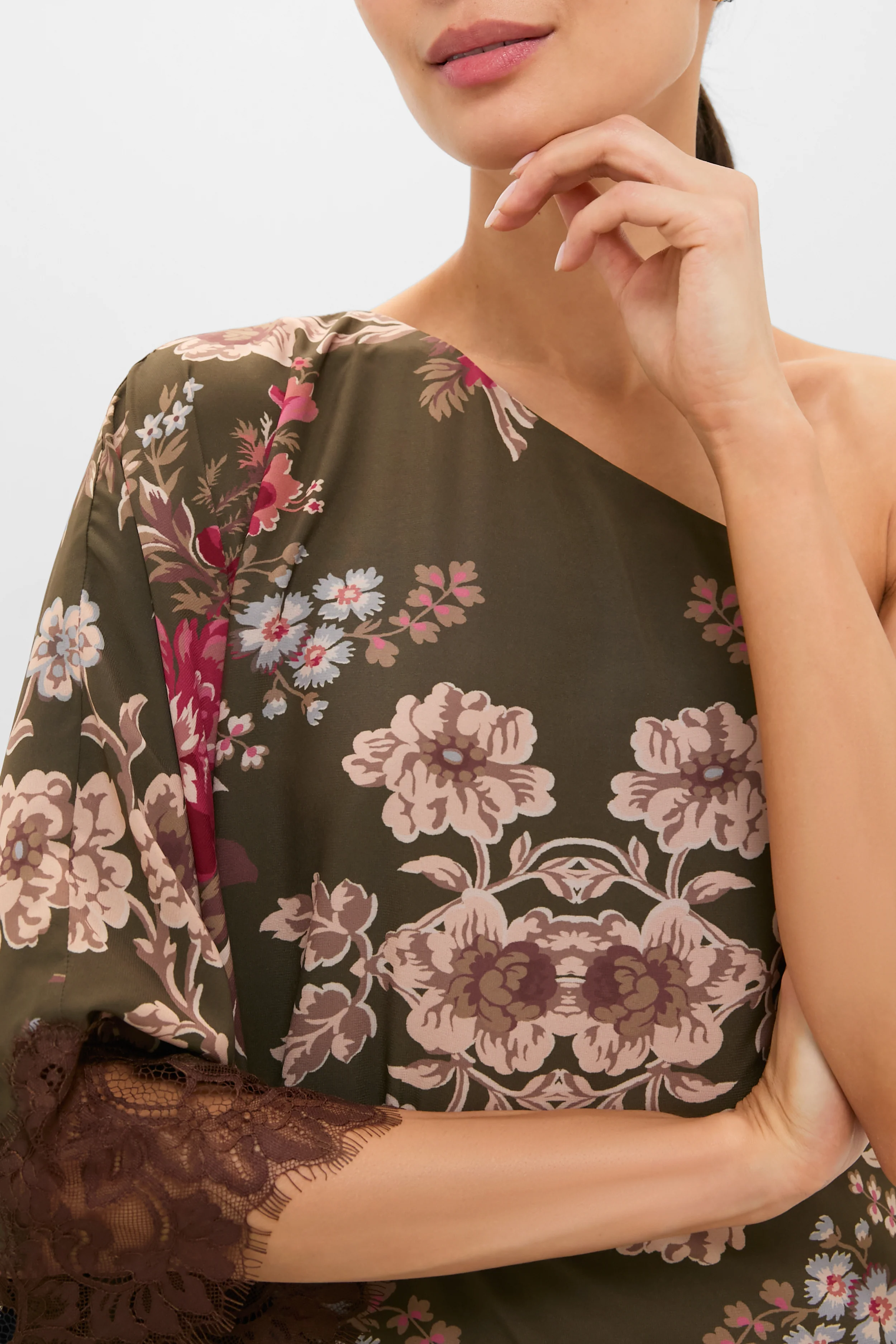 Olive Ornate Lace Floral One Shoulder Isla Dress - Image 6