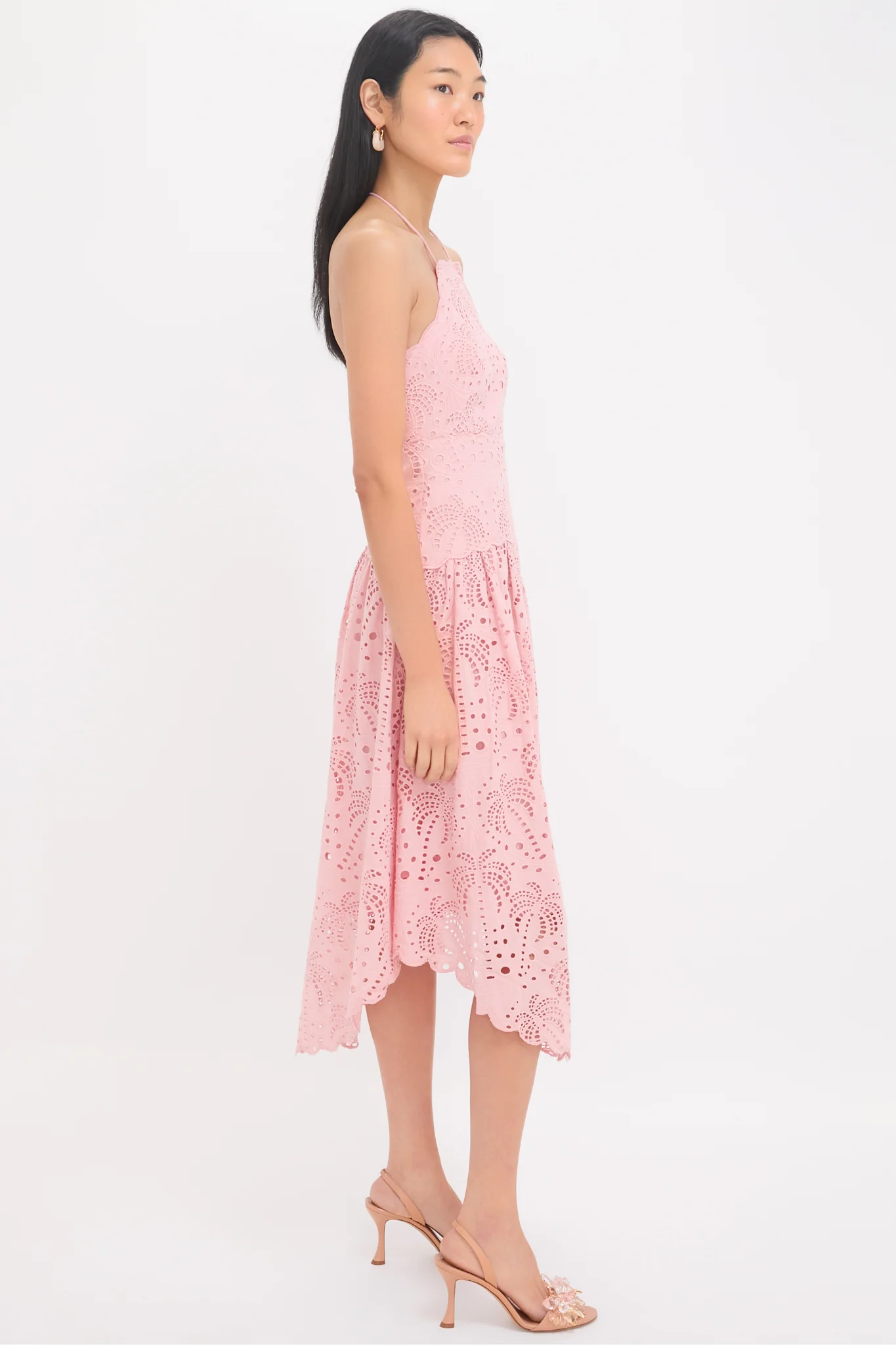 Palm Tree Eyelet Blush Pink Sleeveless Midi Dress - Image 3