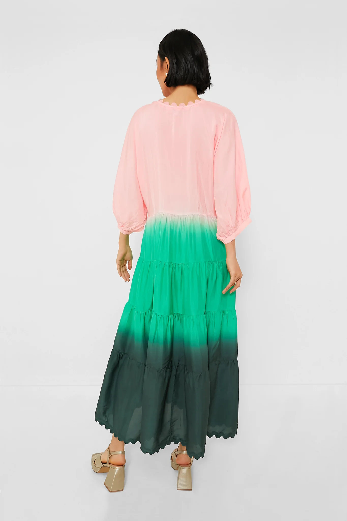 Peach and Emerald Bottle Green Ombre V-Neck Loose Maxi Dress with Ric Rac Trim - Image 4