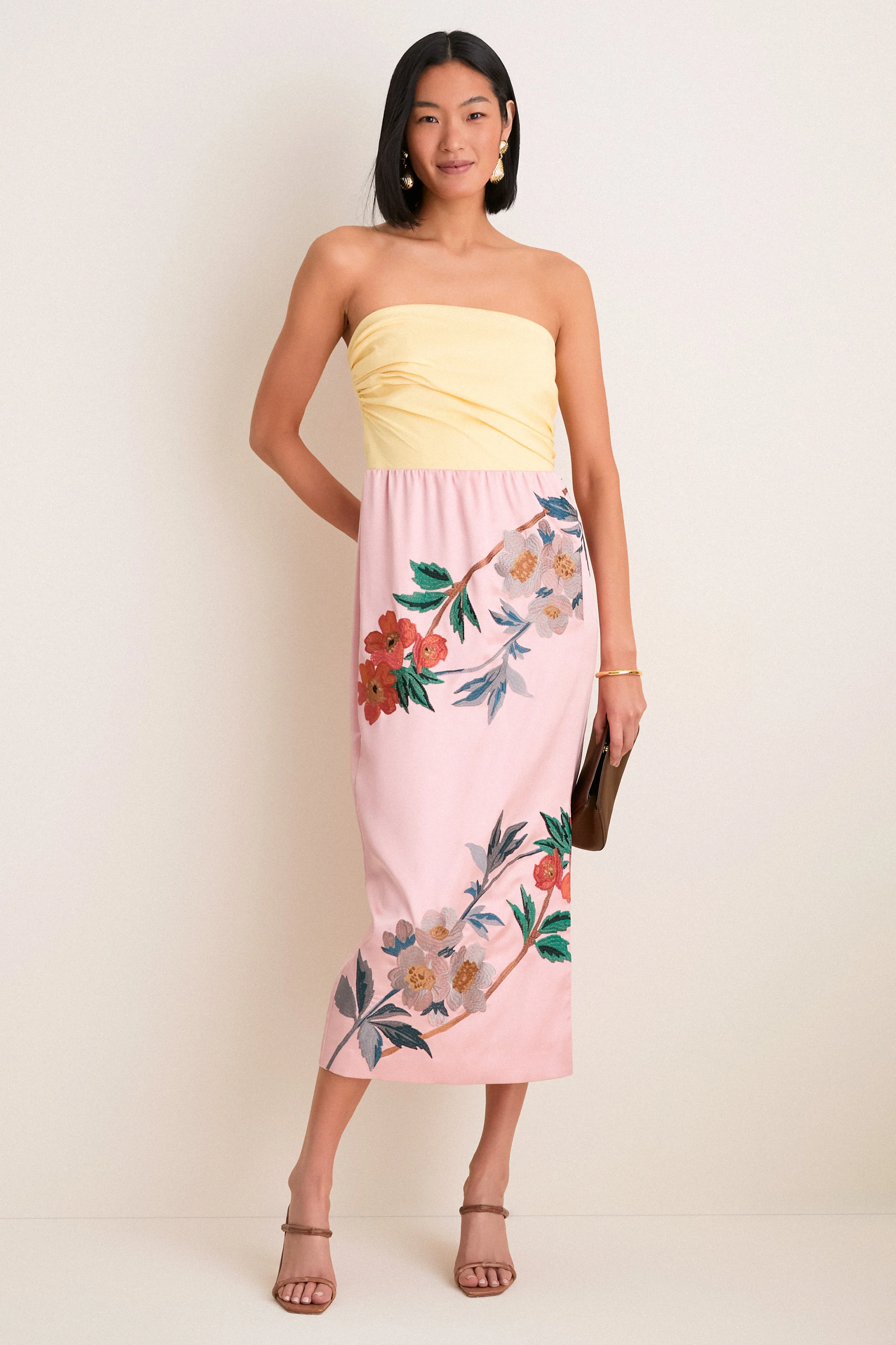 Powder Pink Embroidered Satin Strapless Sonia Dress - Image 5
